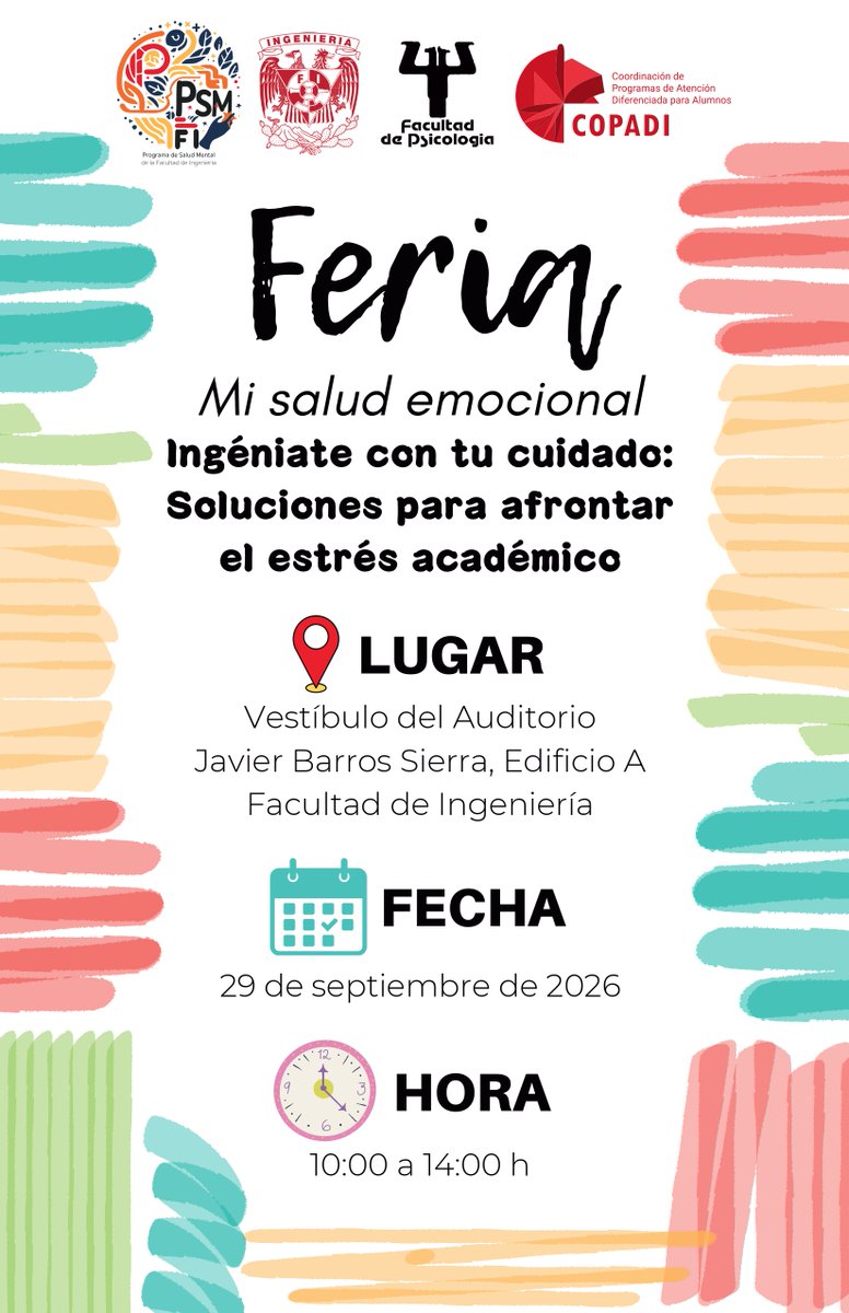 FIUNAM_MX's tweet photo. #EsHoy
Feria Mi Salud Emocional 🧠
Ingéniate con tu cuidado: soluciones para afrontar el estrés académico. ✨
Organizada por la Coordinación de Programas de Atención Diferenciada para Alumnos (Copadi), el Programa de Salud Mental de la Facultad de Ingeniería y la Facultad de Psicología.
📅 Hoy, 29 de septiembre
⏰ 10:00 a 14:00 horas
📍 Vestíbulo del Auditorio Javier Barros Sierra, edificio A, #FIUNAM
#SaludMentalFI