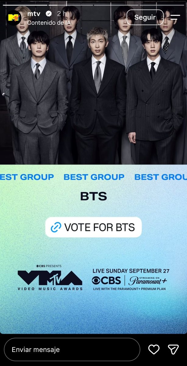 BTSDailyChile's tweet photo. 🚨 ARMY, voten DIRECTAMENTE desde las historias de la cuenta oficial de MTV.

No hagan clic en enlaces que otras cuentas les compartan para supuestamente “votar”. Al presionar el botón de voto en la historia, el voto queda registrado directamente, y hay personas aprovechándose de este sistema para redirigir votos.

Entren ustedes directamente a la cuenta de mtv en instagram, busquen la historia de BTS y voten desde ahí. No permitan que su voto termine donde no corresponde.

VOTE FOR BTS BEST GROUP ON VMAS
#VoteForBTSonVMAs #BTSVoting