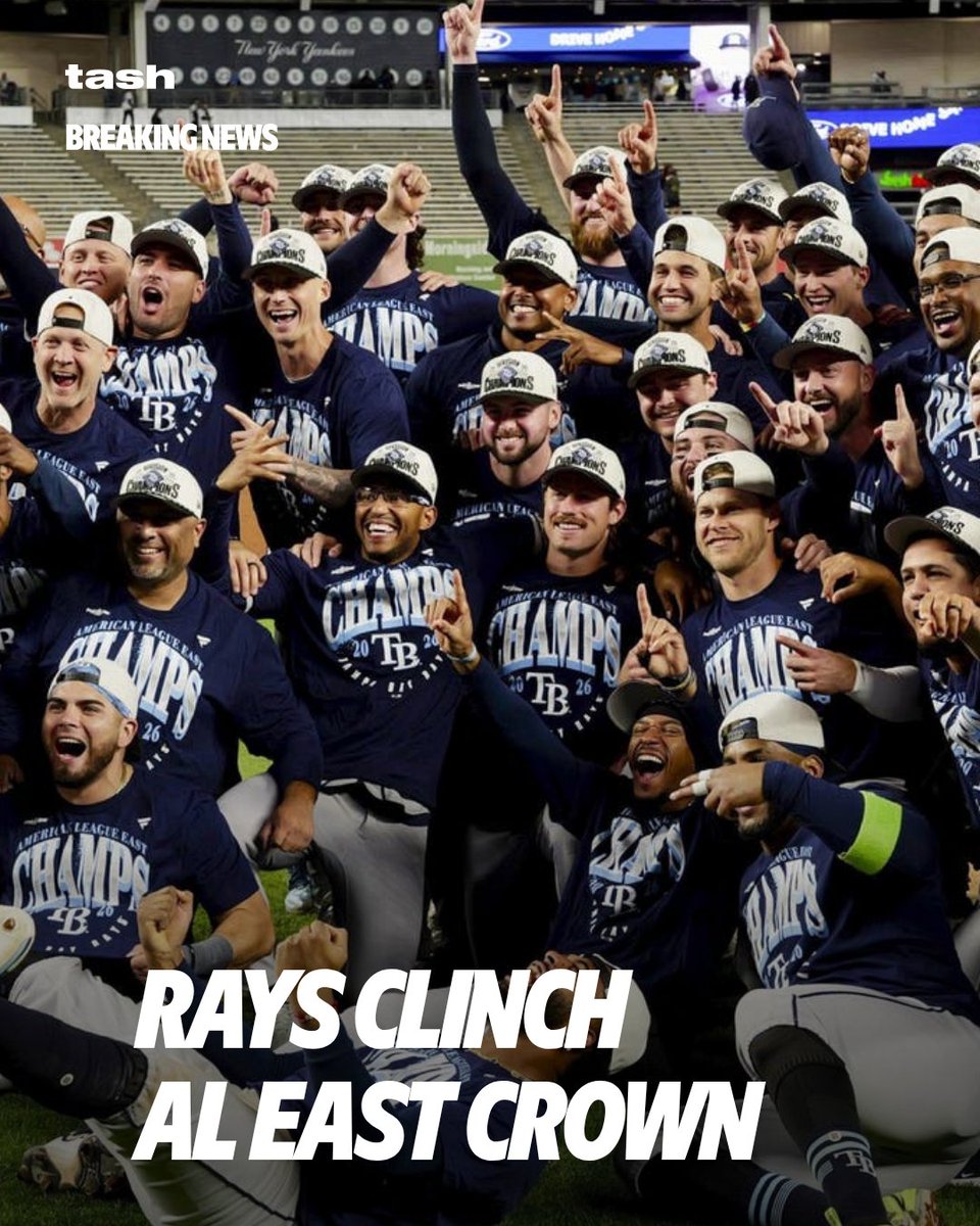 tradetash's tweet photo. Tampa Bay just won its first AL East title since 2021, and the fifth in franchise history, on one of baseball's smallest payrolls. They beat the Yankees 6-1 in the nightcap and will carry the No. 1 seed and home-field advantage into October. https://t.co/WHXdVkyL63