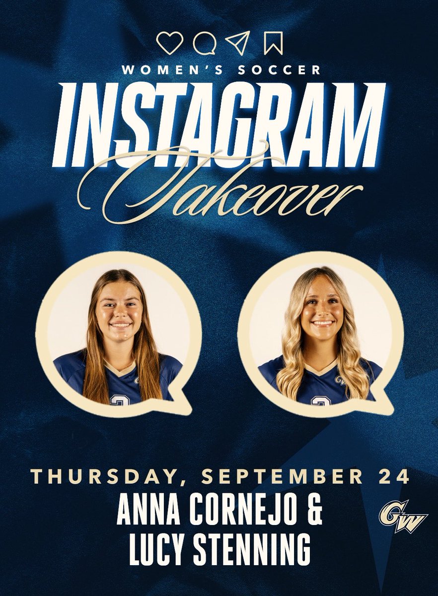 GWWomensSoccer's tweet photo. IG Takeover is back with @AnnaCornejo55 and @LucyStenning bringing you along for our game at Rhode Island on Thursday! 📲

#RaiseHigh https://t.co/LZ4V5JB0gu