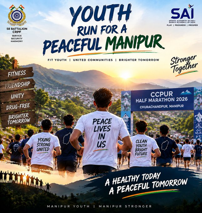 Vaiphei202606's tweet photo. Around 4,000 runners came together in Churachandpur for the CCPUR Half Marathon 2026 with one powerful message.....peace, unity and a brighter future for #Manipur. https://t.co/6bmEyF9aKw
