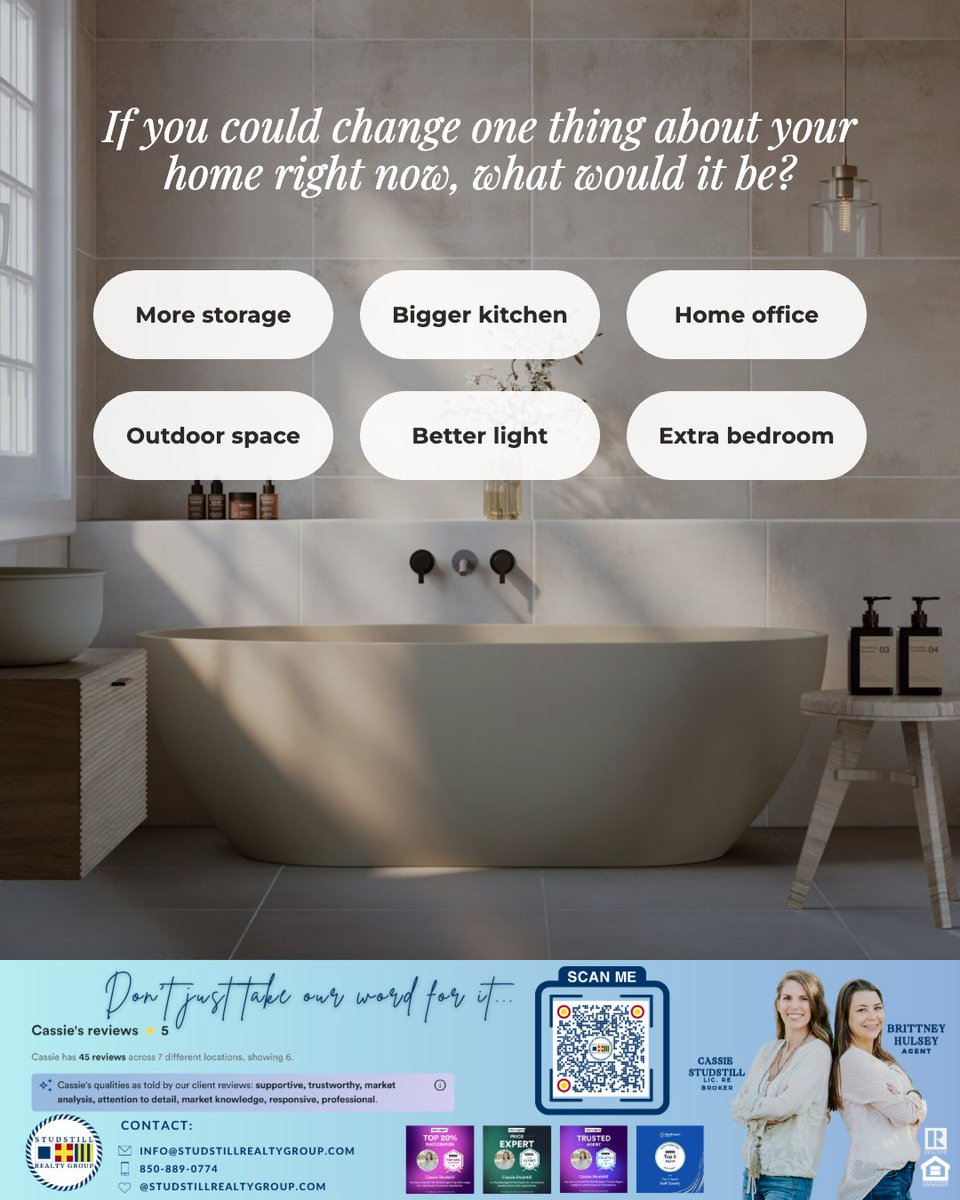 studstillrealty's tweet photo. Let’s do a quick dream-home check-in. If you could change just one thing about your home right now, what would it be: more storage, a bigger kitchen, a home office, outdoor space, better light, or an extra bedroom? 

#RealEstateExperts #RealEstate #HomesForSaleFlorida https://t.co/NO7jYFYkuv