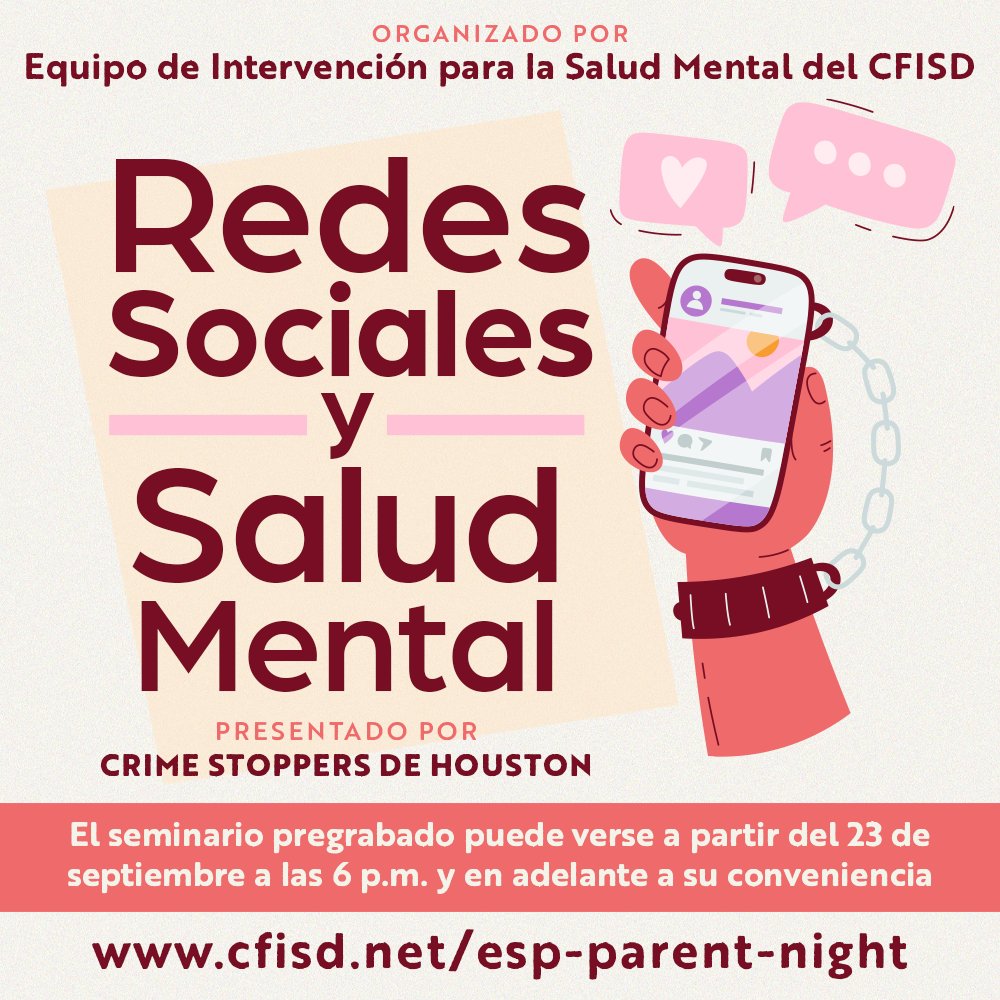 CFISDnoticias's tweet photo. .@CyFairISD Los invitamos a unirse al Equipo de Intervención para la Salud Mental (MHIT) del CFISD para una noche virtual de concientización para padres sobre la salud mental: Redes Sociales y Salud Mental, presentada por Crime Stoppers de Houston.

23 de sept. | ⏰ 6 p.m. | Virtual

Inscríbase por adelantado aquí: https://t.co/JyiUKz7uqO