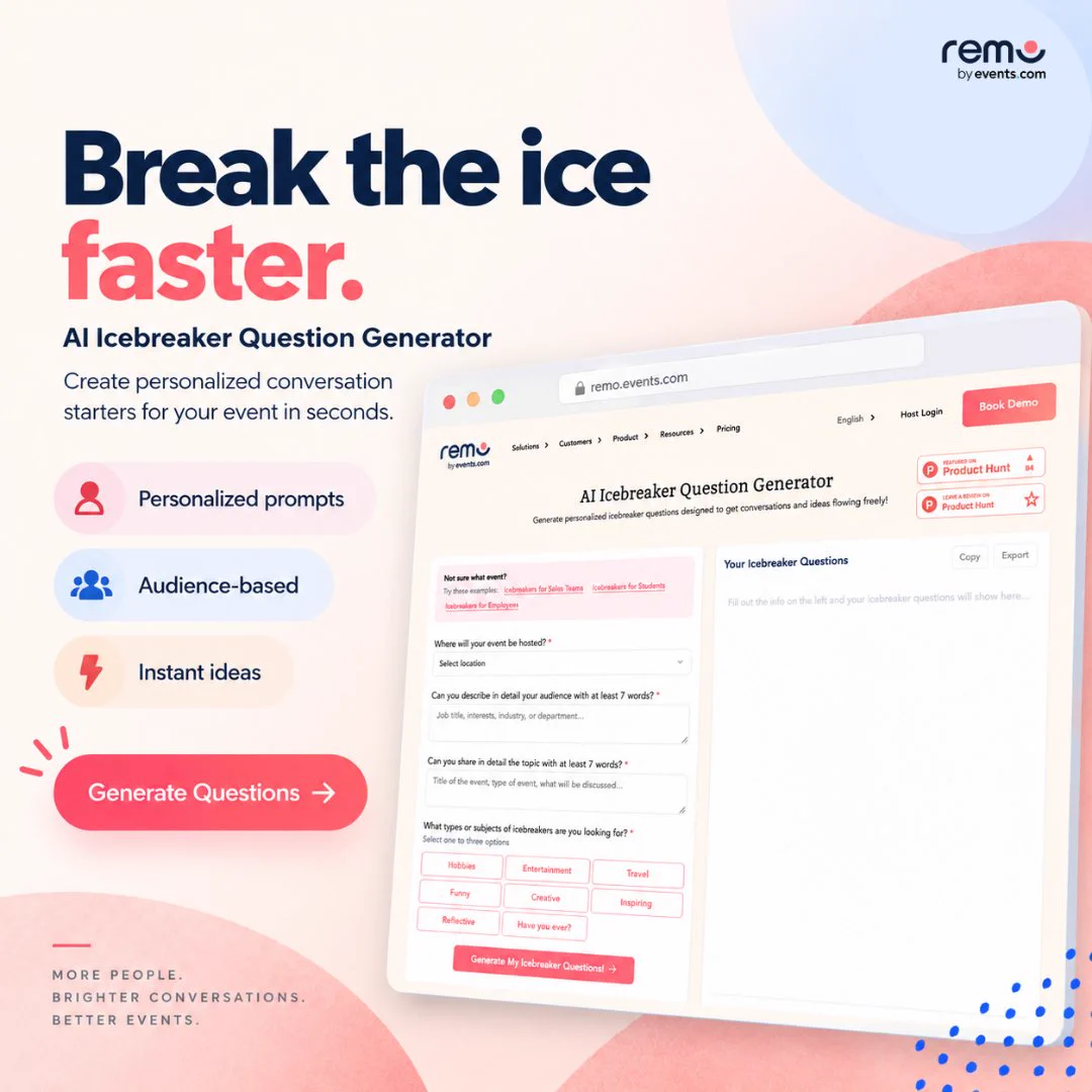 Graphic titled "Break the ice faster" showcasing Remo's AI Icebreaker Question Generator tool designed to create instant, personalized event conversation starters for free.