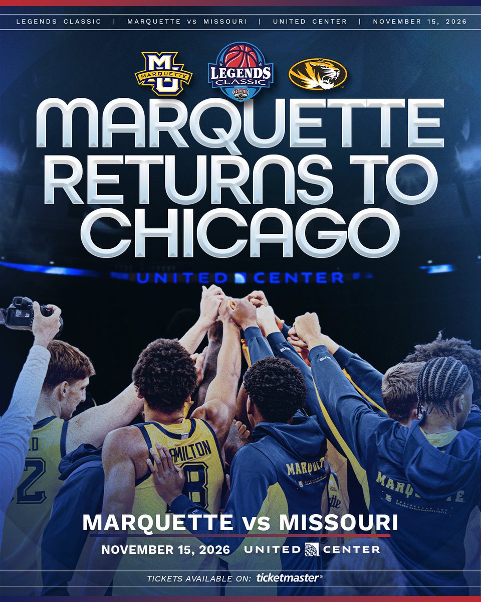 LegendsBBall's tweet photo. Marquette is BACK in Chicago 🏀🔥!!

The Golden Eagles will return to the United Center this November to take on Missouri in a Big East vs. SEC showdown!

🎟️ GET YOUR TICKETS NOW!
🔗 https://t.co/bLDOqpFX1y https://t.co/V7pNrqJEre