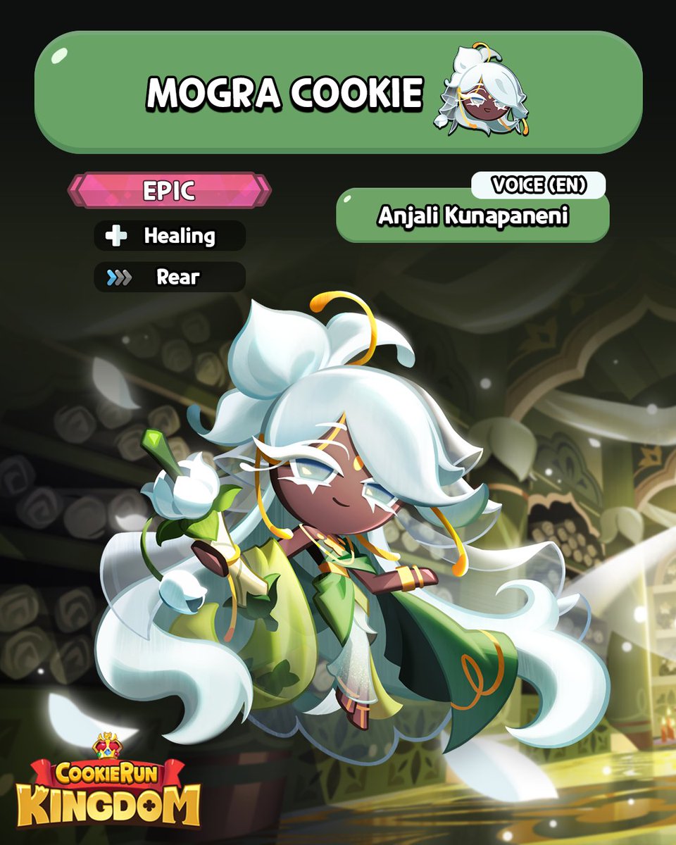 CRKingdomEN's tweet photo. This Cookie is unbe-leaf-ably fragrant! 🍃 Please welcome @hereliesanjali as the voice of #MograCookie! 🌼💚

#CookieRun #CookieRunKingdom #VoiceActor https://t.co/TLiDvxYdPm