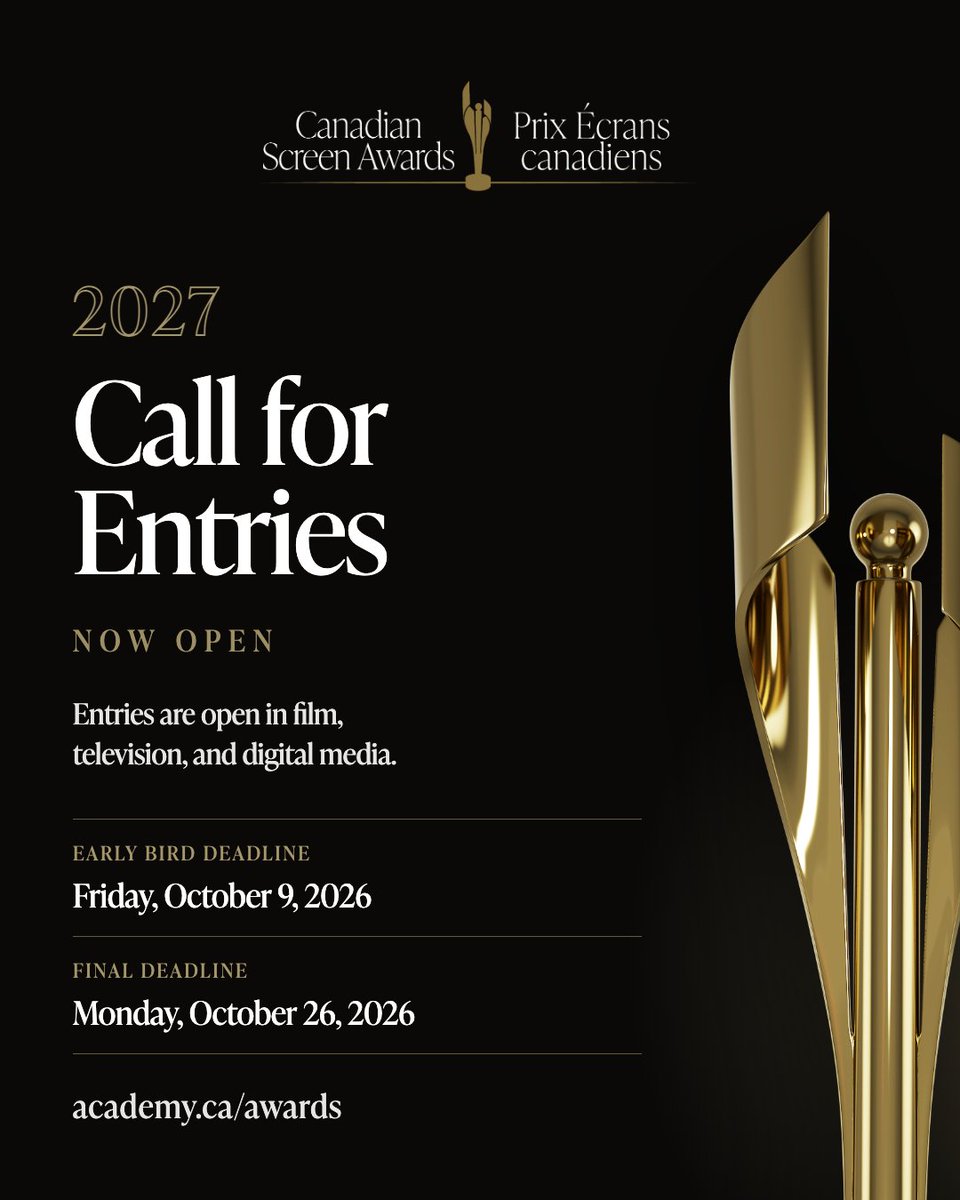 TheCdnAcademy's tweet photo. This is your moment. Entries for the 2027 #CdnScreenAwards are now open! ✨
Submit your work in film, television, and digital media today at https://t.co/fRGBH5vese.
Not sure where to start? Join us for a virtual info session on October 1. Register: https://t.co/ymQML5elSi https://t.co/FuPzV1lAIo