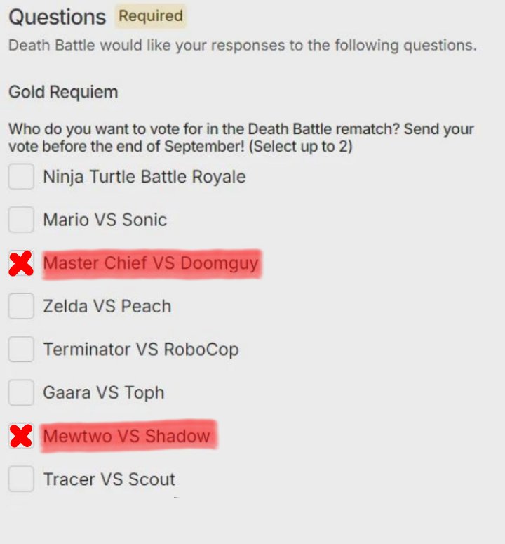 DeathShitpost's tweet photo. This right here is the rematch poll they made during the Death Battle kickstarter phase

Out of all of these remaining ones if you could ONLY CHOOSE ONE of these matchups to get turned into an actual episode next year which one would it be?

#DEATHBATTLE https://t.co/6debF61xOP