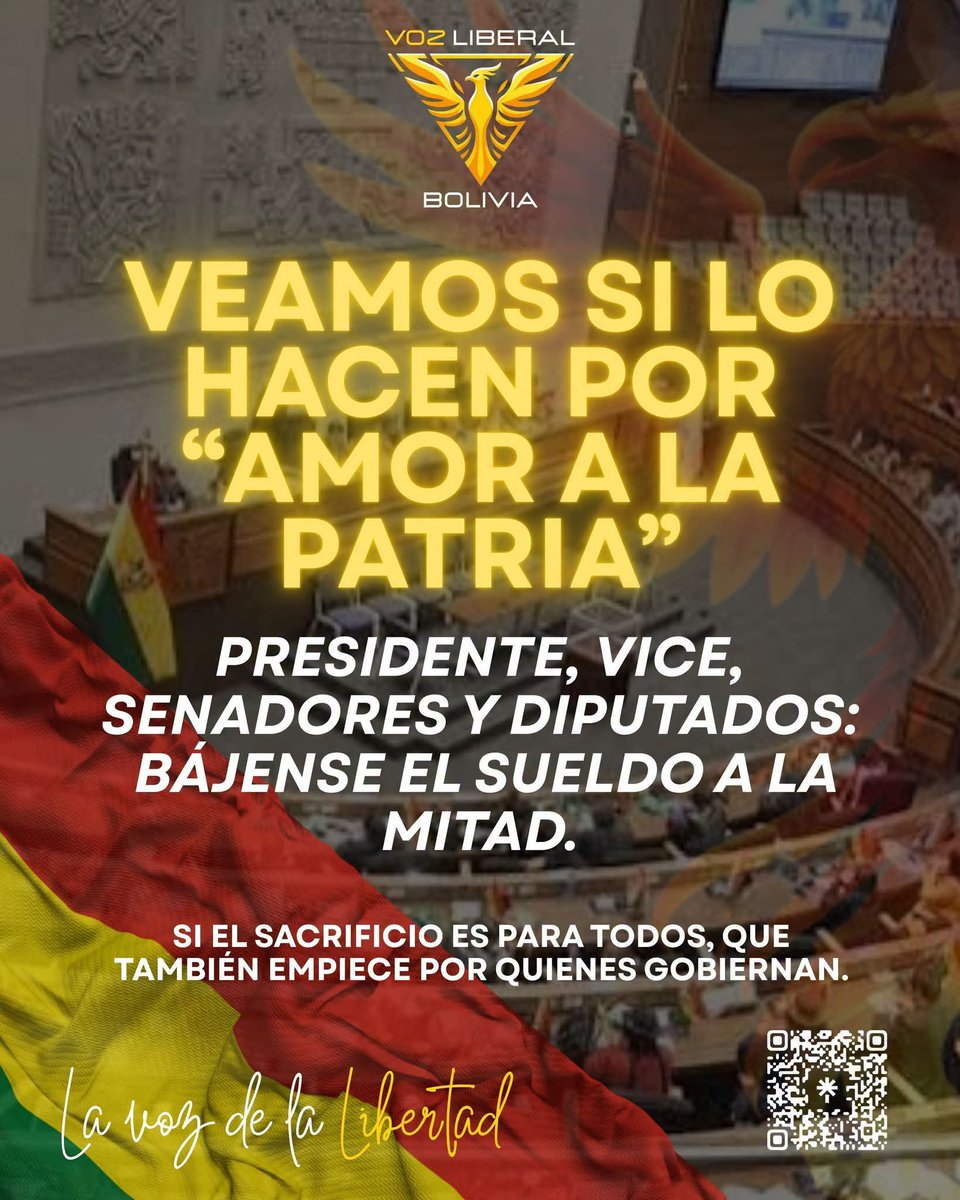 VozLiberalBo's tweet photo. ¿AMOR A LA PATRIA O AL DINERO?

El boliviano ya se está sacrificando. Ahora veamos si quienes tienen el poder están dispuestos a hacer el suyo: 
Le toca al Presidente, vicepresidente, senadores, diputados, asambleístas y concejales, 50% MENOS DE SUELDO. ¿SE ANIMAN?

#VozLiberal https://t.co/KZsIq9Kuvx