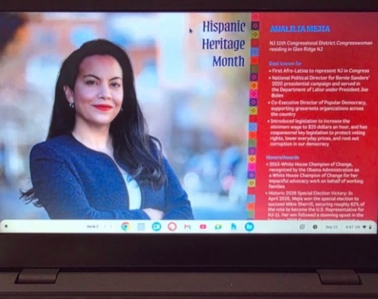 libsoftiktok's tweet photo. INBOX: Student Chromebooks at Glen Ridge Schools in NJ reportedly had their desktop background changed and locked to a promotional image of NJ Democrat Rep. Analilia Mejia.

This is ILLEGAL! @AAGDhillon https://t.co/qNQQId8cNv