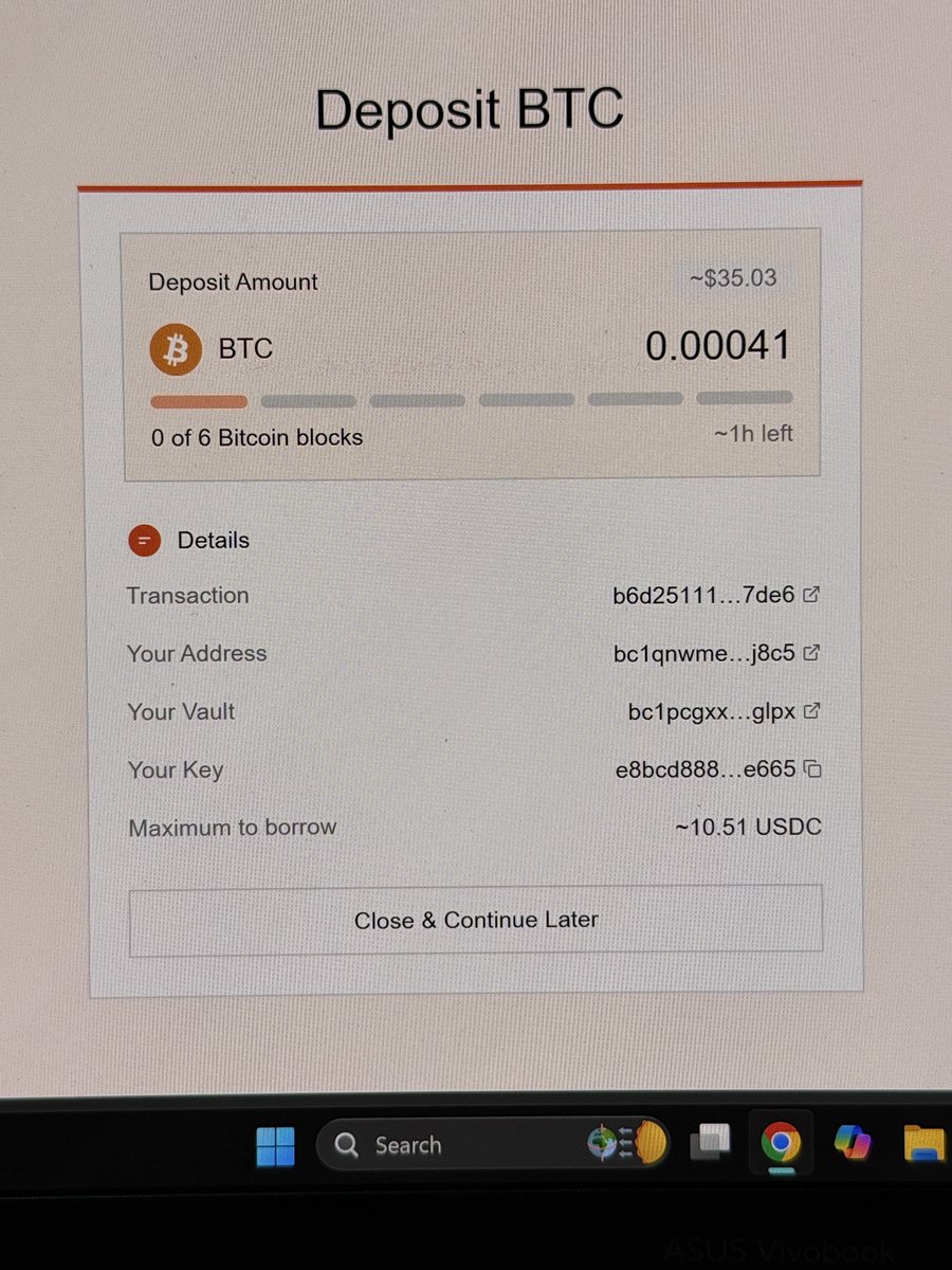 Fraank9991's tweet photo. Bitcoin DeFi finally started to click for me today.

Tried @ZestProtocol with 0.00041 BTC through Xverse.

The interesting part isn’t just borrowing against BTC.

It’s that the BTC stays on Bitcoin while you can tap into USDC liquidity on Ethereum.

No wrapping my BTC.
No sending it off to another chain.

Just deposit, lock it in the vault, and put it to work.

The setup was way easier than I expected too.

Now I’m testing the borrowing side.

If this keeps getting simpler, native BTC could have a lot more utility than most people realize.