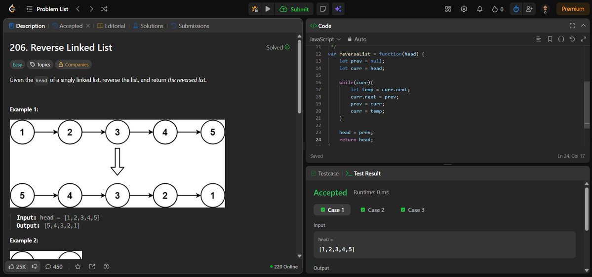 afraar_99's tweet photo. Completed LeetCode 206: Reverse Linked List 🔄🔗

Another good one for understanding how references work. Reversing the links one by one and changing the direction of the list was satisfying to understand.

Small pointer changes, completely reversed list😄
#LeetCode #DSA https://t.co/BLQH9bElWf