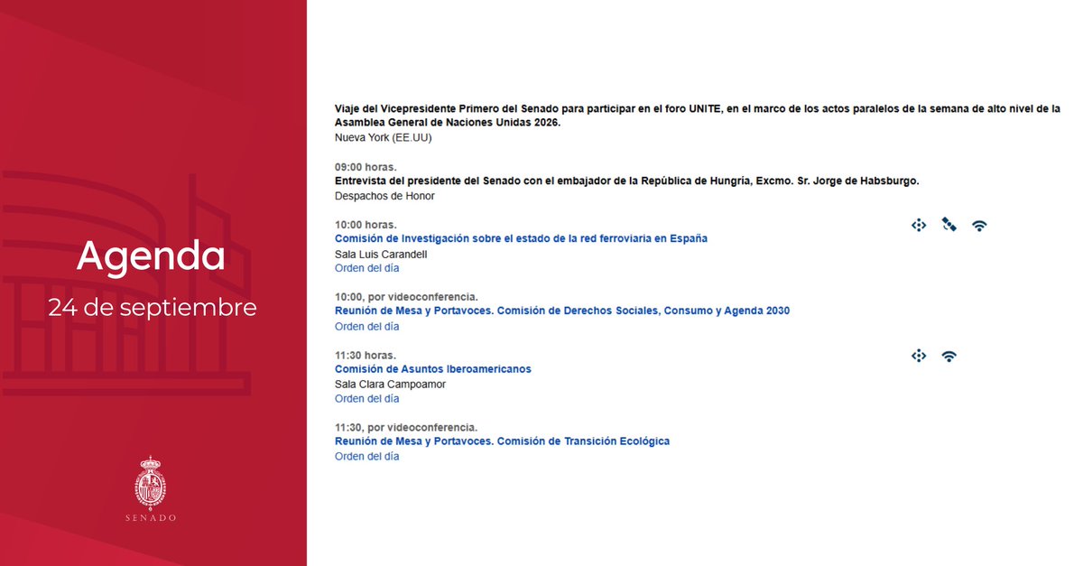 Senadoesp's tweet photo. 👉Agenda del #Senado para mañana #24septiembre:

🕚9h
➡️Visita del embajador de la República de Hungría (@EmbEspHungria), Jorge de Habsburgo

🕚10h
➡️Com. Inv. sobre el estado de la red ferroviaria en España

🕚11.30h
➡️Com. Asuntos Iberoamericanos

📄 https://t.co/XEt7x7CZQV https://t.co/K6CmpjJ9A7