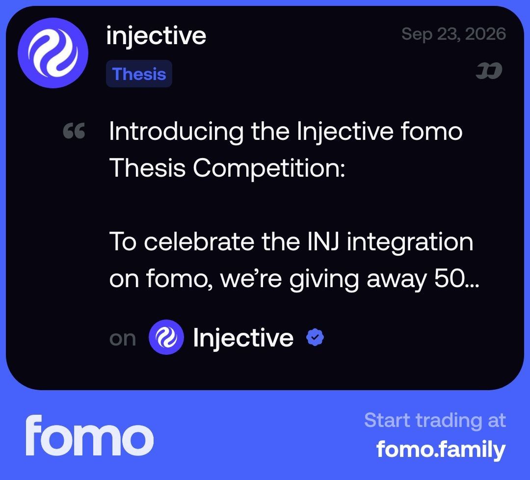 injective's tweet photo. Introducing the Injective @fomo Thesis Competition:

To celebrate the INJ integration on fomo, we’re giving away 500 $INJ on fomo for the best Injective theses 🥷

🥇 250 INJ for the best thesis
🥈 100 INJ each to 2nd and 3rd place
🎁 50 INJ split between other runner-ups

You have 48 Hours. To enter, make sure to follow us on fomo @injective, make a thesis under INJ and share it below 👇