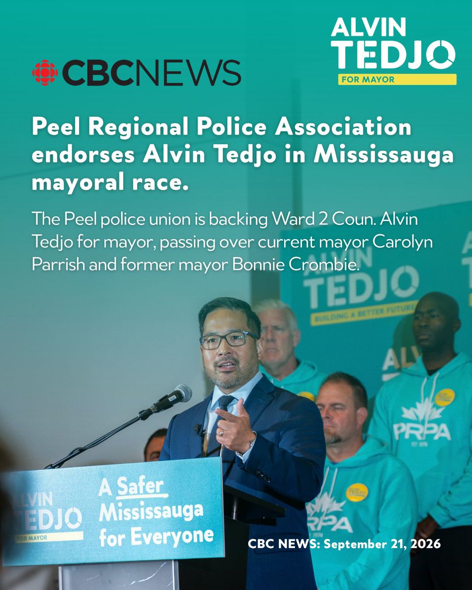 AlvinTedjo's tweet photo. We’re making waves across Mississauga! 🌊

For the first time in its history, the Peel Regional Police Association endorsed a candidate for Mayor of Mississauga, and I’m honoured to have earned their support.

They chose something different.

On October 26, you can too. https://t.co/KRccyAvegZ