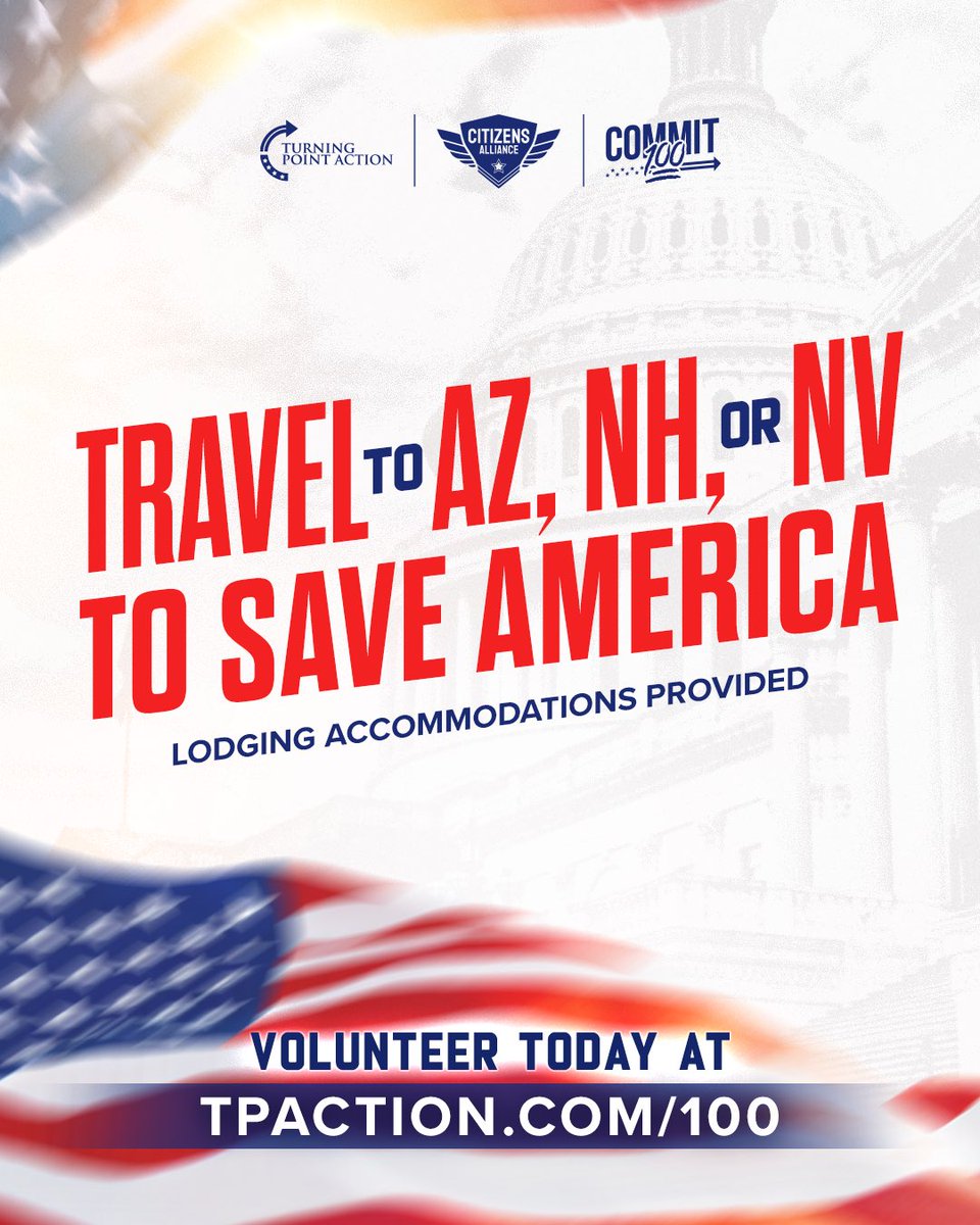 TPAction's tweet photo. AMERICA NEEDS PEOPLE WHO ARE WILLING TO SHOW UP. 🇺🇸

This October, volunteer to chase ballots with TPAction + @DoorsWinWars in Arizona, Nevada or New Hampshire!

One commitment to doing the work. 
Chase 100 ballots!

Lodging accommodations are provided for traveling volunteers.

If you’re ready to get to work, the time is now!

Link in bio
