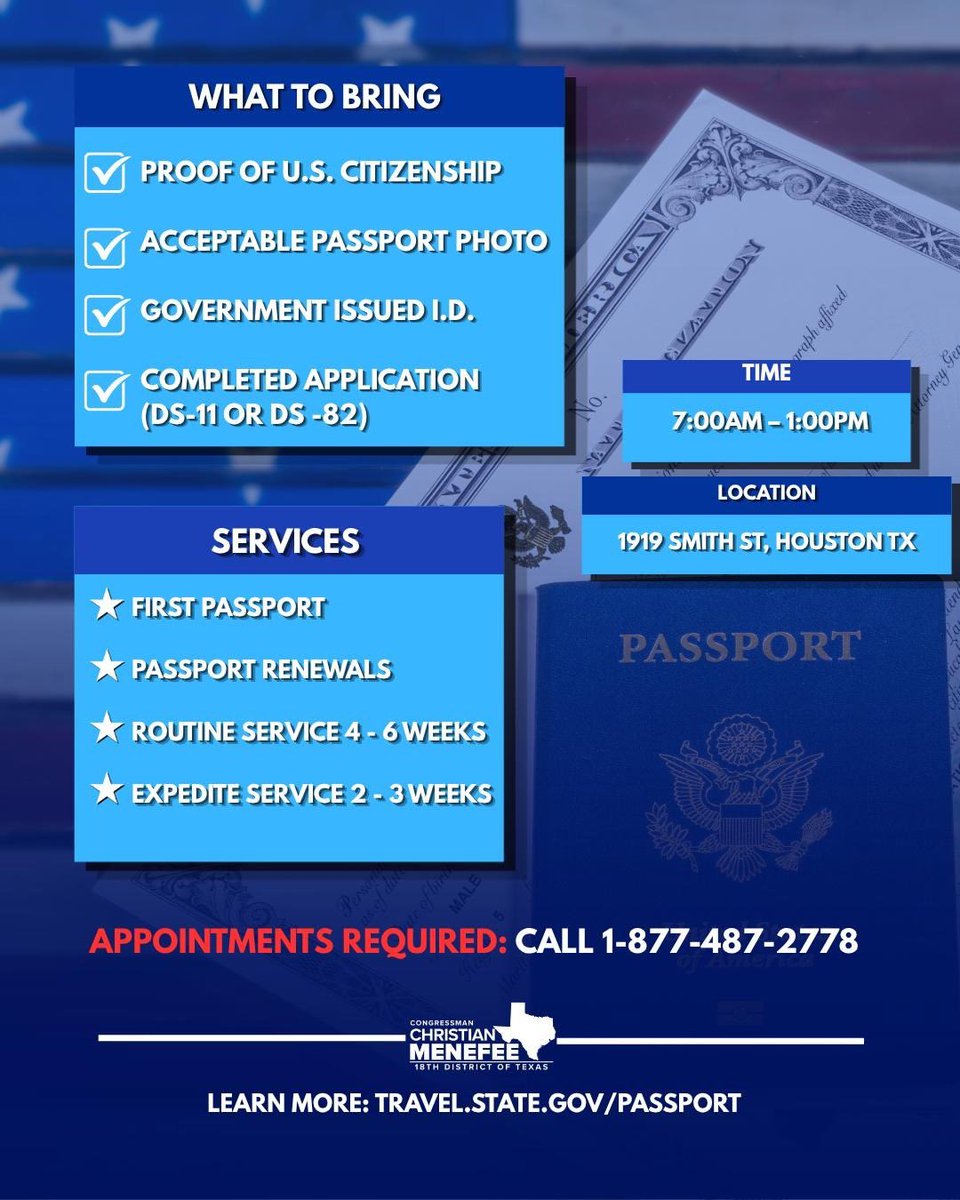 RepCDMenefee's tweet photo. Need a passport? 

My office is hosting a Passport Fair this Saturday, September 26, from 7:00 am to 1:00 pm at the Mickey Leland Federal Building.

📍1919 Smith St., Houston, TX 77002

Appointments are required. To schedule in advance, call 1-877-487-2778, press #6, and ask for the “Special Weekend Event in Houston.”

We look forward to helping you with your passport needs.