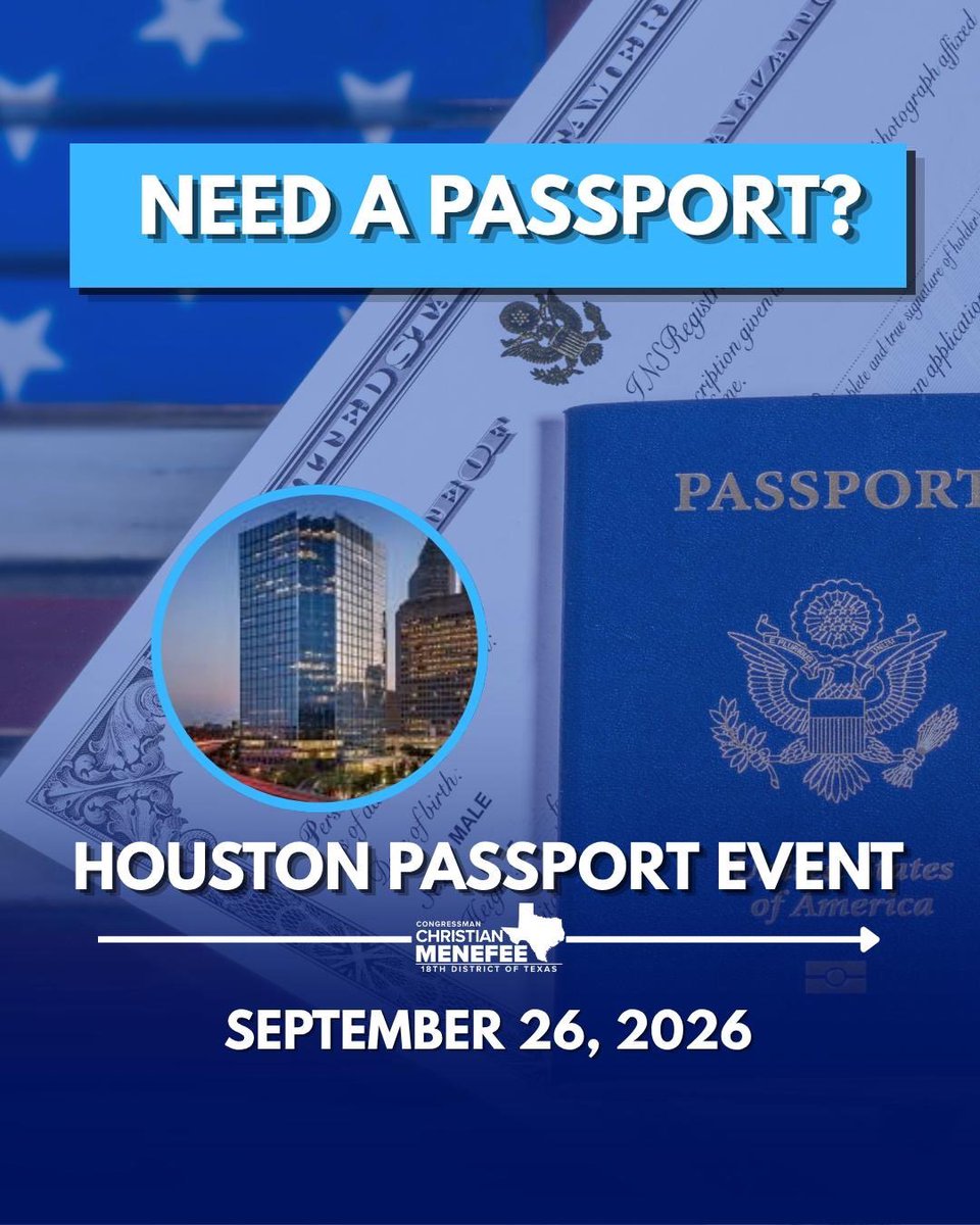 RepCDMenefee's tweet photo. Need a passport? 

My office is hosting a Passport Fair this Saturday, September 26, from 7:00 am to 1:00 pm at the Mickey Leland Federal Building.

📍1919 Smith St., Houston, TX 77002

Appointments are required. To schedule in advance, call 1-877-487-2778, press #6, and ask for the “Special Weekend Event in Houston.”

We look forward to helping you with your passport needs.