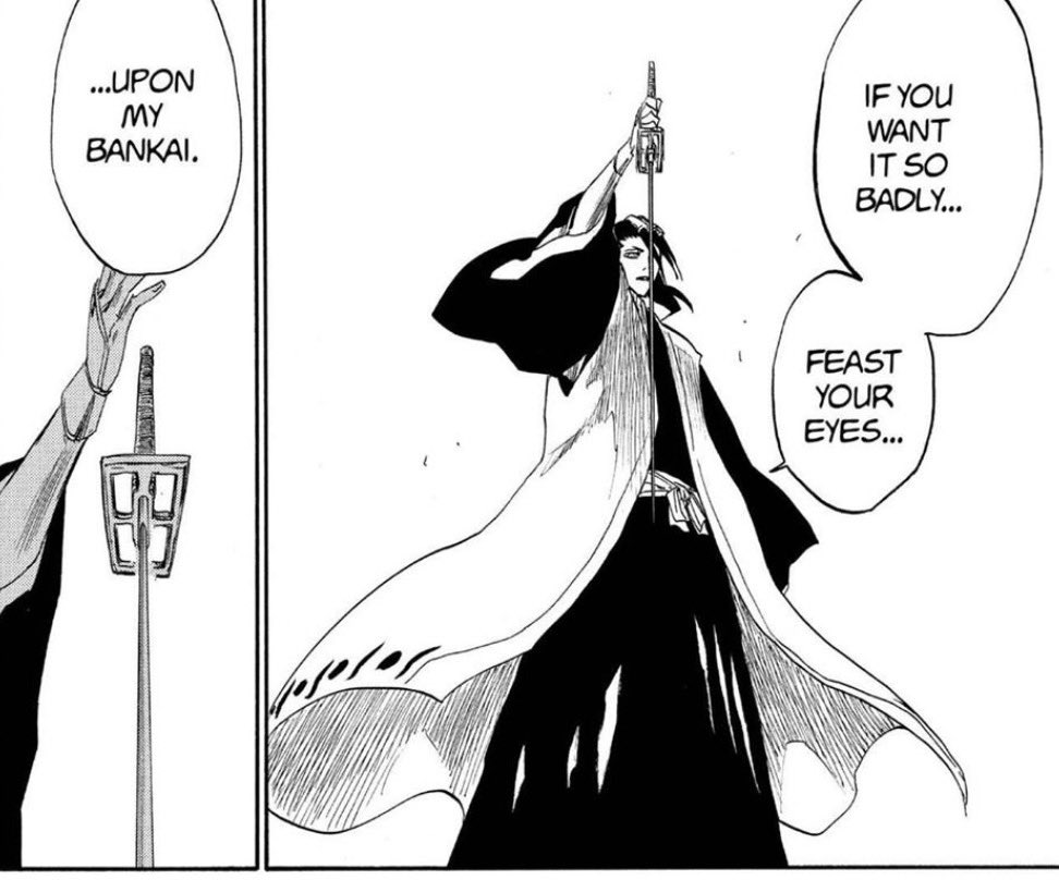 50ULREAPER's tweet photo. Byakuya adapts to the changing surroundings instantly.

“Fine then. Any chance you had of being spared ends here.”

He drops his Zanpakuto, which sinks into the ground.

+ https://t.co/26npqLtP7u