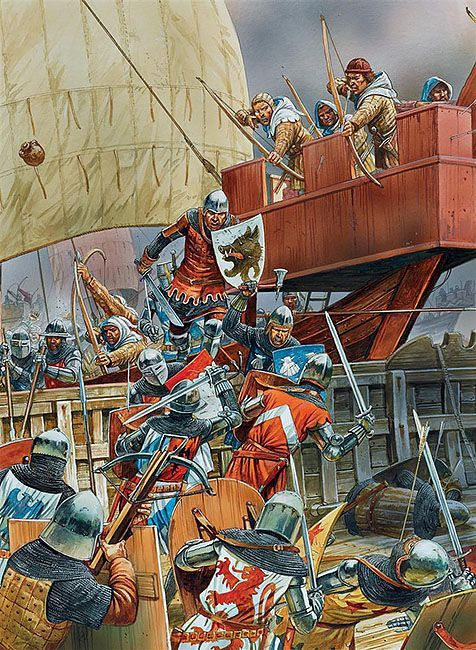 AncientHistorry's tweet photo. September 23, 1338. The first naval battle of the Hundred Years War, and the first sea fight in European history in which anybody fired a gun.

Edward III had claimed the French throne and needed money, and the money came from wool. English wool went to Flanders, was woven into cloth there, and that trade was the largest source of wealth in the kingdom. Edward was spending it buying alliances among the princes of the Low Countries.

In September 1338 five great English cogs sailed for Antwerp carrying a wool cargo meant to pay for those alliances. A cog is a fat, high sided merchant ship. Slow, tough, built to carry cargo rather than fight.

The flagship was the Christopher, and aboard her were three cannon and a handgun.

Nobody is certain what they looked like. Guns at this date were small, short ranged, fired stone or iron shot or bolts, and were about as likely to injure their own crew as the enemy. They were not a weapon system. They were a novelty an English king had bought because he liked new things.

But that is the first recorded use of artillery at sea, and it happened at the very opening of a war that ran, on and off, for 116 years.

The escort did not do its job. The commander, John Kingston, was caught off Arnemuiden on Walcheren with a good part of his crews ashore.

Against him came a French and Genoese force under the admirals Hugues Quiéret and Nicolas Béhuchet.

Forty eight galleys against five cogs.

A galley is everything a cog is not. Fast, oar driven, manoeuvrable, independent of the wind, and packed with fighting men instead of cargo. In confined water, against half crewed merchantmen, that is not a battle.

The English held out for most of a day and Kingston surrendered.

And then the part worth knowing about how this war was going to go. The French killed the prisoners. All of them.

That was not normal practice between Christian kingdoms in 1338. Knights were ransomed and sailors were usually put ashore. It set a tone at the very beginning that both sides remembered.

All five ships were taken, wool and all. The Christopher was put into French service.

Two years later at Sluys the French fleet was annihilated by Edward III, and the Christopher was recaptured, having spent the interval fighting for France.

Both French admirals were at Sluys. Quiéret was killed. Béhuchet was captured, and Edward had him hanged from a yardarm, which is what you do to a pirate rather than to an admiral.

Whether that was specifically for Arnemuiden is argued. Béhuchet had also burned Southampton later in 1338, and Edward loathed him.

Sluys is the famous one. Arnemuiden is the battle before it, where the English lost badly, a wool convoy was destroyed, a crew was murdered, and three small guns went off on the deck of a merchant ship and began something that ended with battleships.