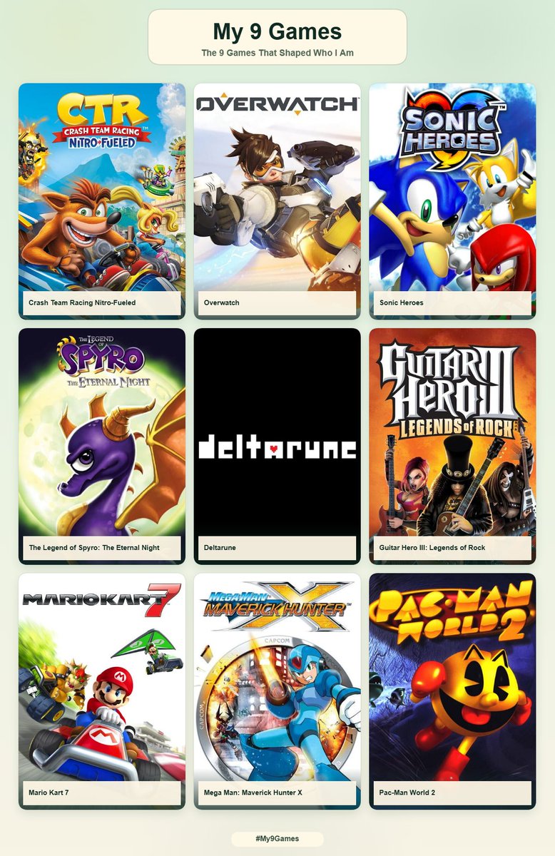 GlimmerBG's tweet photo. Mi lista de los 9 juegos que marcaron algo en mi vida en algún momento. Creo que faltaría poner Pokémon rojo fuego pero fuera de ahí TODOS estos significan mucho para mi. https://t.co/aZA9c45MEy