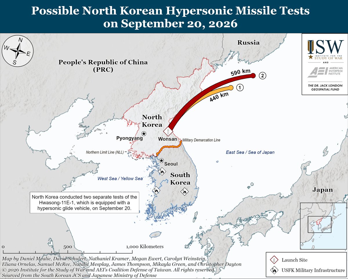 TheStudyofWar's tweet photo. NEW: North Korean nuclear rhetoric is increasingly threatening escalation and retaliatory strikes if the United States crosses one of its “red lines.” North Korea is likely seeking to deter United States intervention during a conflict on the Korean Peninsula by threatening uncontrollable escalation and imposing increasingly high costs on the United States. (1/2)
Other Key Takeaways:
North Korea appears to be increasingly focusing on transitioning to unmanned and precision strike systems and away from more inaccurate tube artillery systems. This transition would provide a greater tactical firepower advantage for North Korean forces, enabling offensive operations and overcoming existing weaknesses in North Korea’s precision strike complex.
North Korea may have tested a hypersonic glide vehicle during its September 20 missile test. North Korea is likely pursuing hypersonic weapons systems to improve its ability to penetrate South Korea’s integrated air and missile defense network, as hypersonic glide vehicles are significantly harder to intercept than ballistic missiles. Hypersonic technologies remain nascent within even the most advanced militaries, so North Korea may require foreign assistance to advance its hypersonic technology.