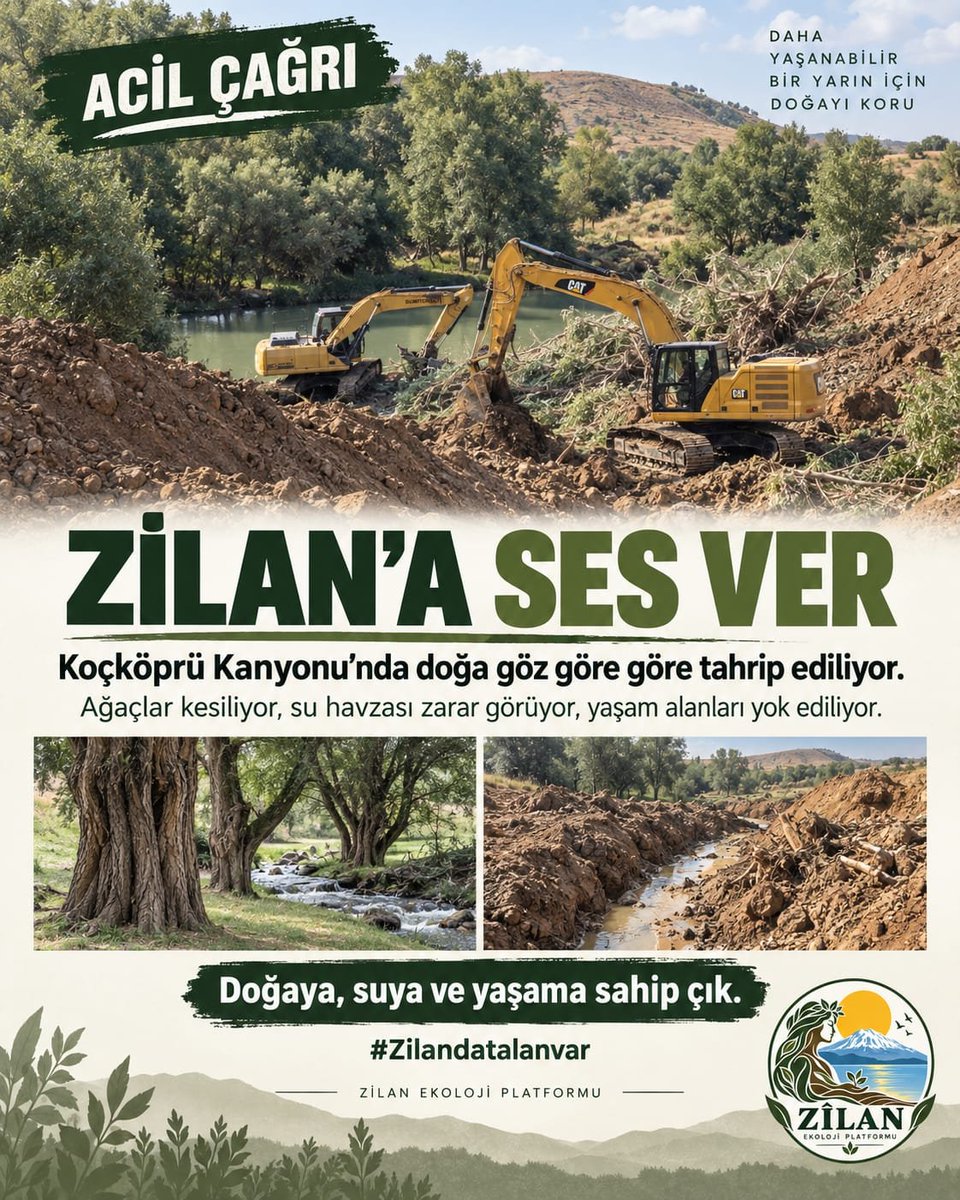 akbaserhan's tweet photo. Zilan’a ses ver! 🌿

Koçköprü Kanyonu’nda sürdürülen çalışmaların doğal yaşam, su kaynakları ve bölgedeki bitki örtüsü üzerindeki etkileri için endişeler artıyor.

Zilan’ın suyu, ağacı, toprağı ve canlı yaşamı korunmalı. Doğal alanların geri dönüşü olmayan biçimde zarar görmemesi için çalışmaların ekolojik etkileri bilimsel olarak değerlendirilmelidir.

Zilan’ın doğası hepimizin sorumluluğu.

#Zilandatalanvar
@ZilanEkoloji1