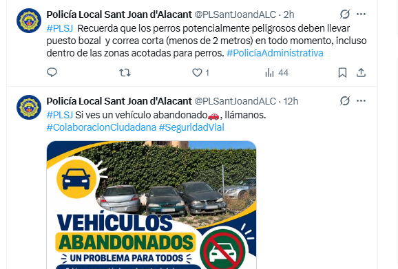 JorgePay1's tweet photo. La información que publica en redes sociales un servicio público como la policía local ha de estar permanentemente actualizada. Está bien recordar el contenido de las ordenanzas, pero en los días con cortes de calles programados, @PLSantJoandALC debería informar a la población. https://t.co/62OoXOL2VA