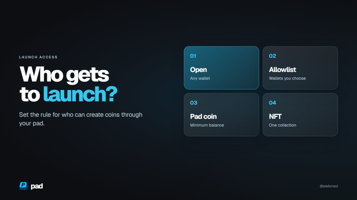 padonsol's tweet photo. four ways to set launch access:

open → any wallet
allowlist → wallets you name
pad coin → holders above your minimum
NFT → holders from one collection

choose one when you build the pad. https://t.co/ppVo346xCz