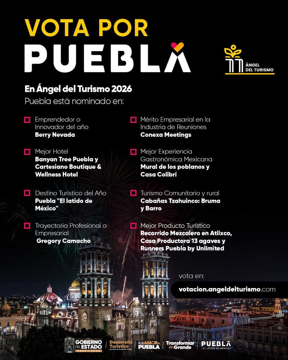 Gob_Puebla's tweet photo. 🏆 ¡Vota por Puebla! Conoce las nominaciones poblanas en Ángel del Turismo 2026 y participa. 🗳️ 

https://t.co/DJv9d6IFJ2 

#PorAmorAPuebla #TransformarEnGrande https://t.co/eJuEcW5yYw
