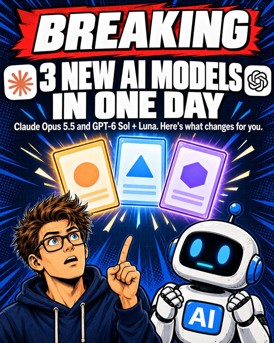 AIOverdrive0's tweet photo. 3 new AI models in one day.

Claude Opus 5.5: about Fable 5.1-level on most work, per Anthropic. ~40% cheaper than Opus 5 on typical work.
Paid Claude plans: higher 5-hour limits + a saveable free reset.
The catch: most cyber tasks + some biology work go to another Claude model. https://t.co/aDxRwy322Y