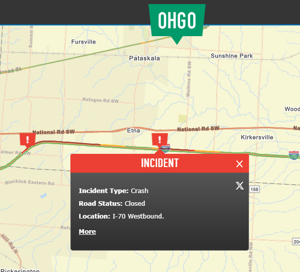 ODOT_EastCenOH's tweet photo. Licking County: I-70 West is CLOSED 3.7 miles beyond SR-158/Kirkersville (MM: 119.2), due to a crash. Use alternate routes and check https://t.co/x3ZoDX3xmr for real-time traffic updates.
🚨 Remember: #MoveOverSlowDown — it's the law. https://t.co/rrHYwptNye