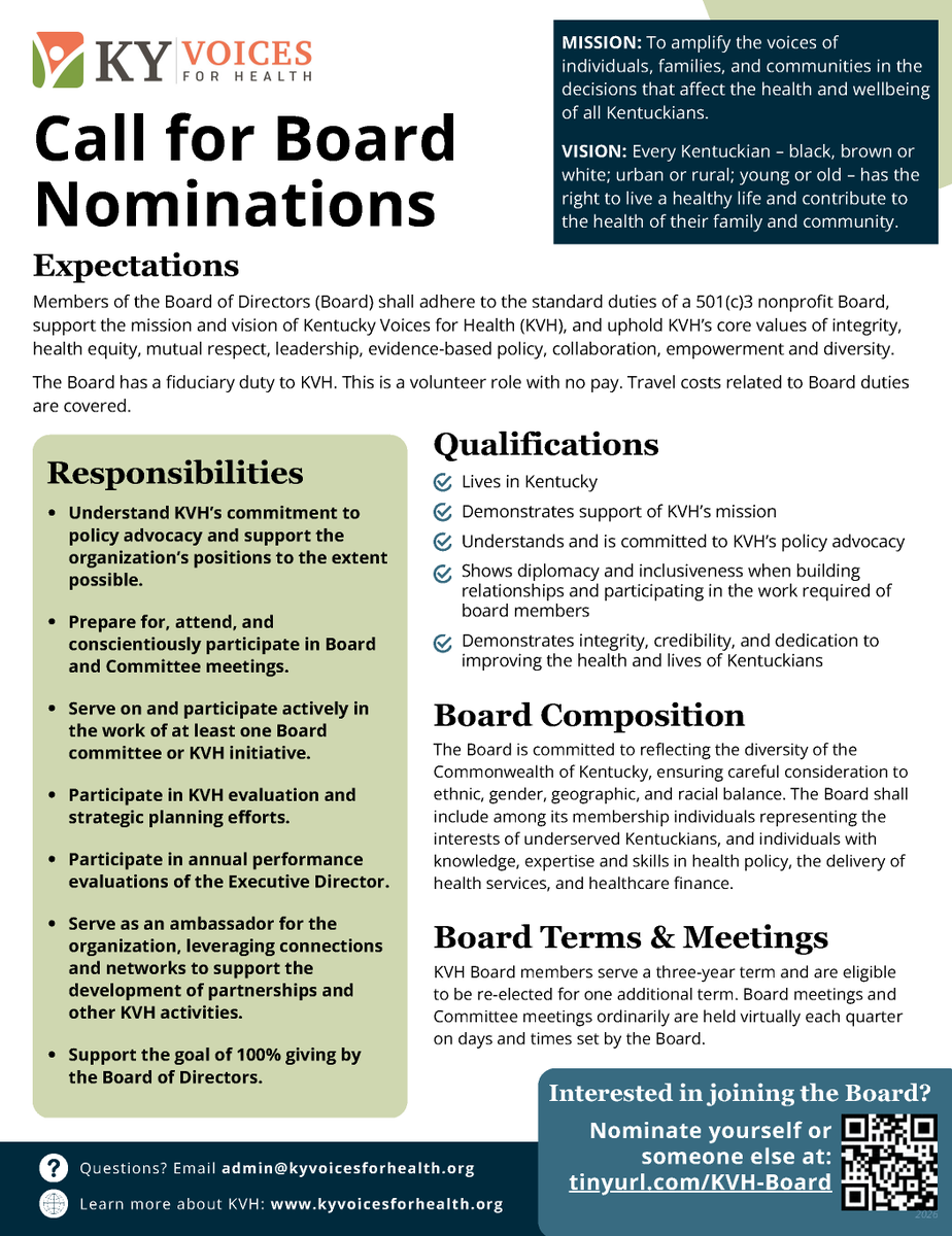 kyvoices4health's tweet photo. KVH is seeking nominations for our Board of Directors. We’re looking for leaders committed to health justice, community voice, and strengthening Kentucky’s safety net. Know someone who should help guide KVH’s work? Nominate them today: https://t.co/xmfHdskayN https://t.co/QYU32LXcpF
