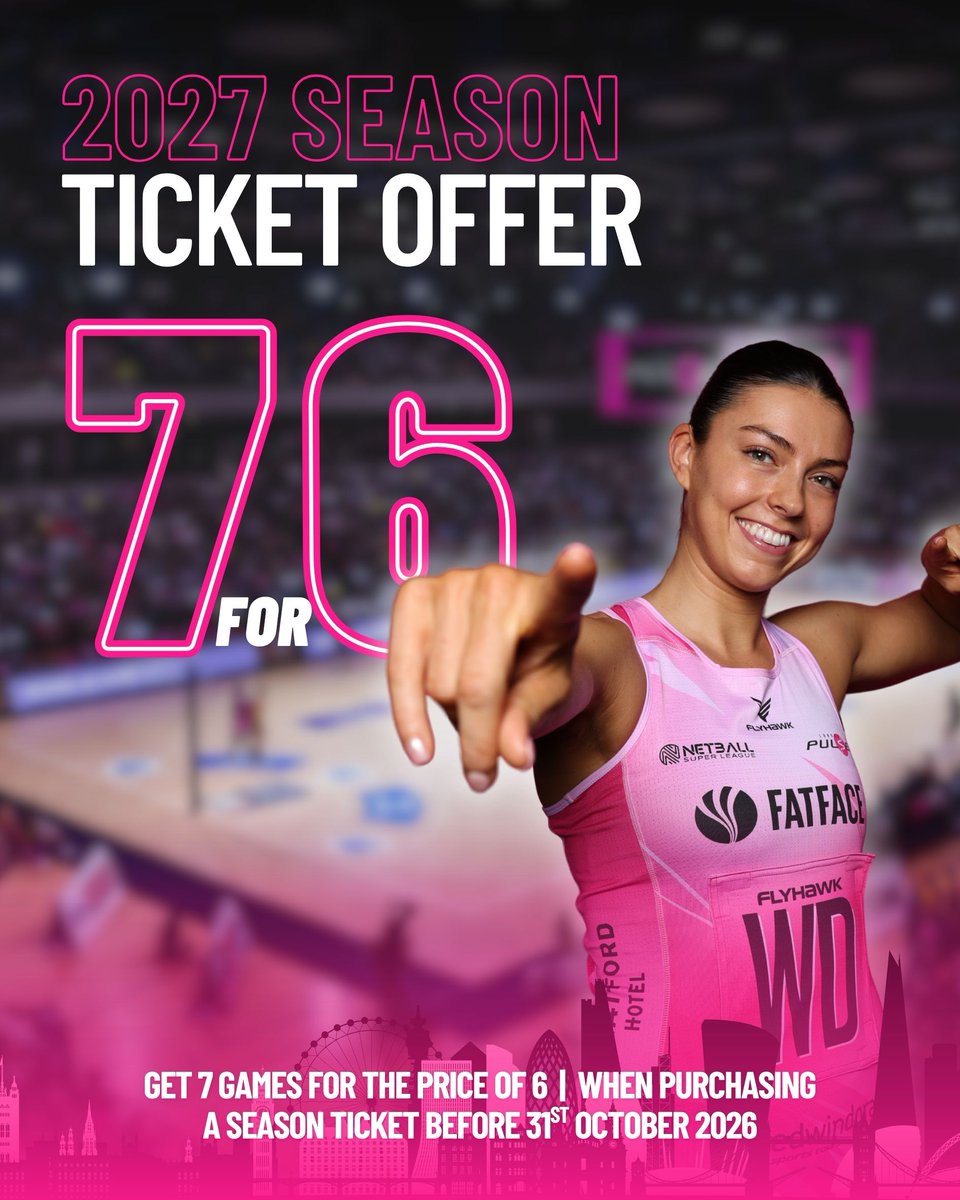Pulse_Netball's tweet photo. 7 GAMES. 1 LONDON VENUE. UNMISSABLE ACTION. 🏆💗

Experience every moment at the Copper Box Arena this 2027 season with our exclusive 7 for 6 Season Ticket Offer!

👀WANT PRIORITY ACCESS? Grab a London Pulse Membership to unlock early access to season tickets on 12th October—before General Sale opens!

Find out more: https://t.co/dftwPN91i0  
#LondonsCalling #LondonPulse #FeelThePulse #NSL2027