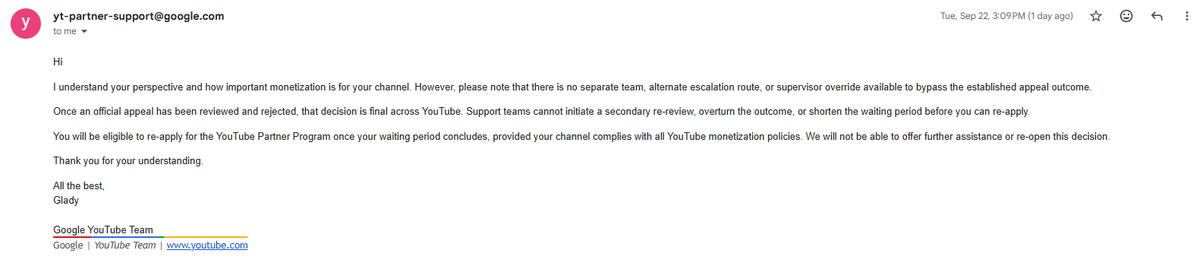 PTYT007's tweet photo. If you were falsely demonetized and your appeal was denied, don't waste your time talking to "YouTube Support" via email. @TeamYouTube is the only way to get a human re-review. But you have to be loud. Unfortunately I'm not. So I've been talking to bots for 40 days... https://t.co/DCBjkudalA