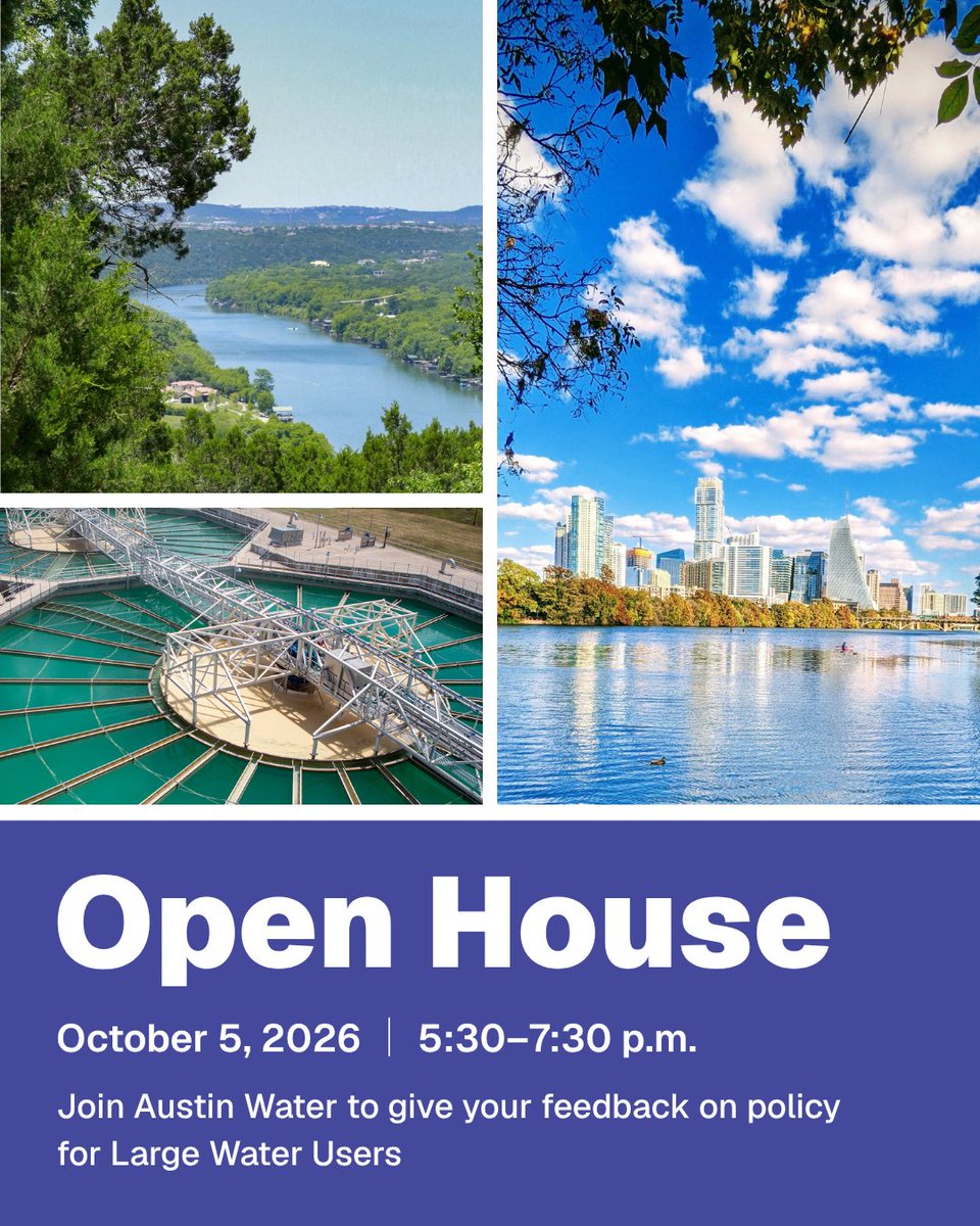 AustinWater's tweet photo. We're hosting an Open House to get feedback on proposed policy concepts for large water users. Learn more about our current &amp; proposed actions to promote responsible water use for large water users.

📅 Oct. 5 | 5:30–7:30 pm
📍City of Austin Permitting and Development Center https://t.co/gT4QdFZUfW
