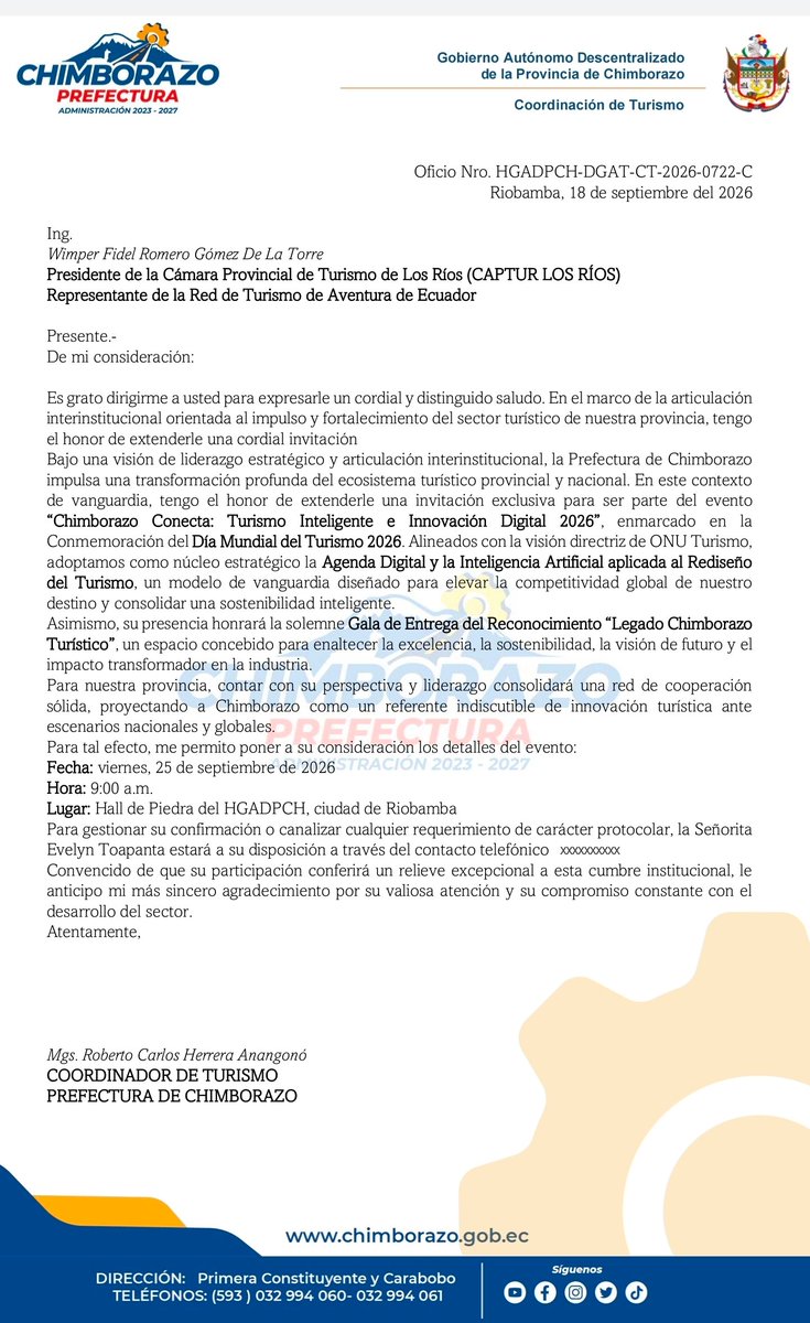 CAPTURLOSRIOS's tweet photo. Captur Los Ríos - UNIDOS SOMOS MÁS....

Hacemos llegar nuestro más sincero agradecimiento por la gentil invitación extendida por la Prefectura de Chimborazo para participar en las actividades programadas en conmemoración del Día Mundial del Turismo 2026.
@KscadRadio
@RadioLibre9 https://t.co/Vz0jJ22rlf