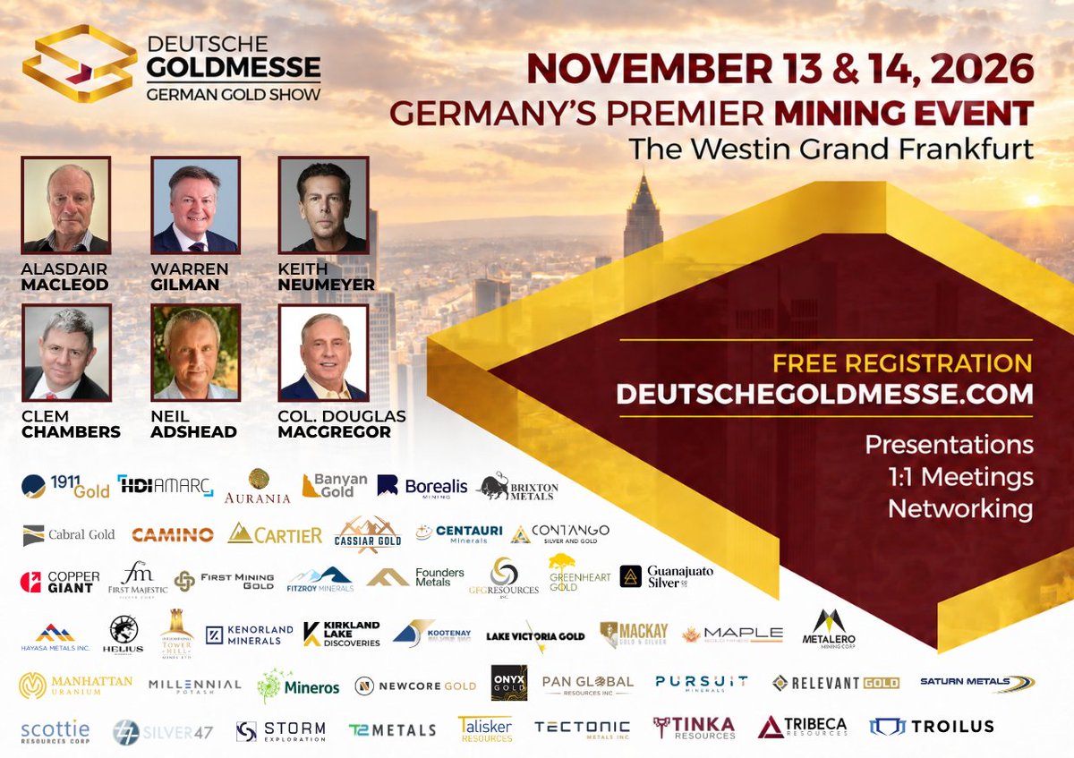 DtGoldmesse's tweet photo. Meet 45+ mining companies at Deutsche Goldmesse this fall.

Meet with company management, hear from industry experts and connect with other resource investors from across Europe.

📅 November 13 &amp; 14
📍 The Westin Grand Frankfurt

Free registration:
https://t.co/oq4sPDQJdd https://t.co/8M4CbhewcU