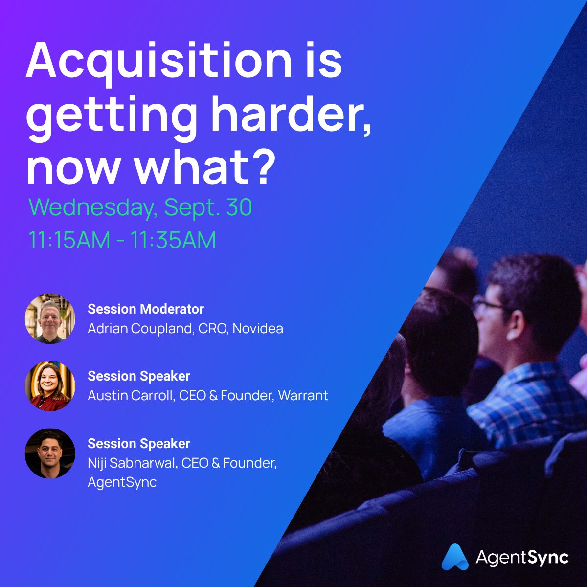 AgentSync's tweet photo. Acquisition is getting harder. Aggregators, paid media inflation, embedded competition—the old playbook is cracking.
Catch AgentSync CEO Niji Sabharwal + Warrant's Austin Carroll live at #ITCVegas:

🗓️ Wed, Sept 30 | 11:15 AM 📍 Innovation Through Growth stage https://t.co/iqJNKRA2Fv