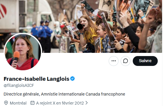 brahman_SB's tweet photo. Petit rappel que la directrice d'Amnistie Internationale Canada franco est la conjointe de Pierre Céré, ex-candidat péquiste qui est depuis tombé dans la sauce QS  / NPD.

Disons que cette mauvaise comédie sent plus la commande politique de QS qu'autre chose. https://t.co/hbEol0Q9VZ