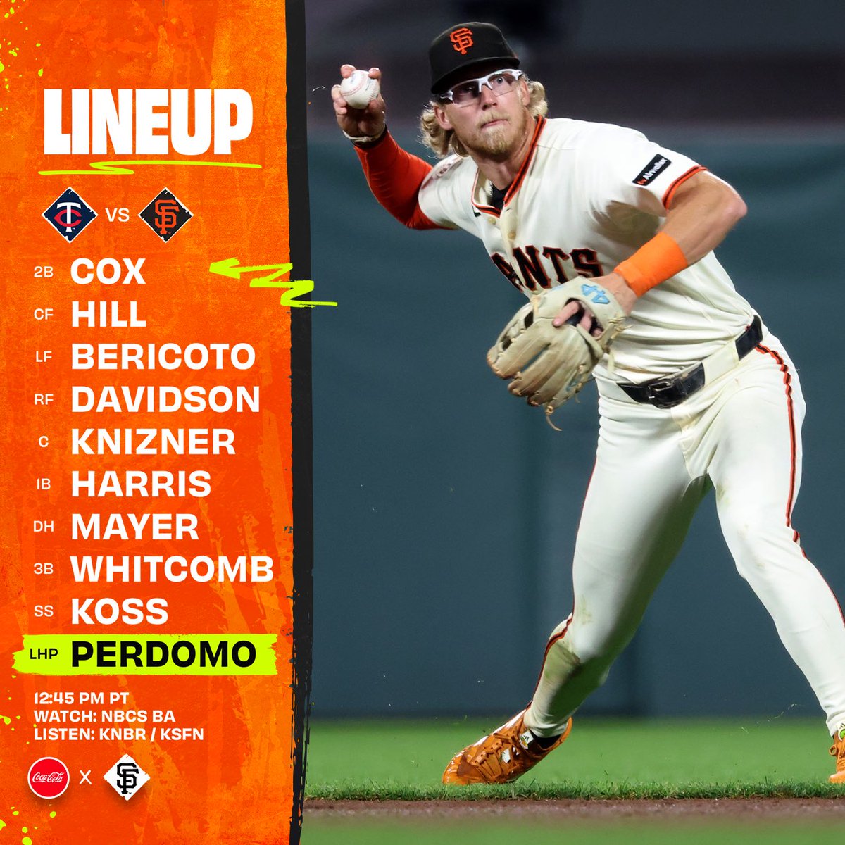 Sept 23 - SF vs. MIN
Jonah Cox - 2B
Turner Hill - CF
Victor Bericoto - LF
Bo Davidson - RF
Andrew Knizner - C
Brett Harris - 1B
Marcelo Mayer - DH
Shay Whitcomb - 3B
Christian Koss - SS
LHP César Perdomo