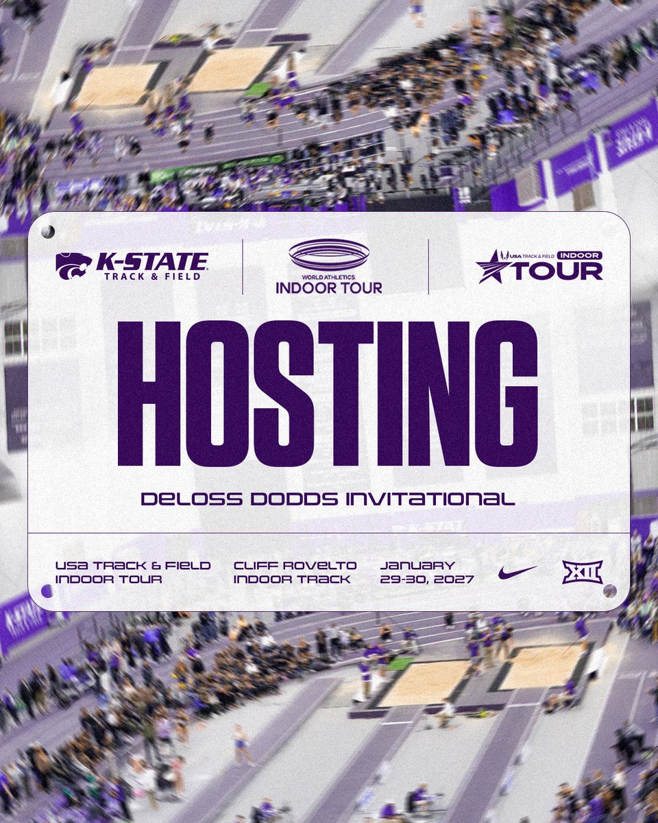 KStateTFXC's tweet photo. Deloss Dodds Invite (Jan. 29-30) bringing the elite competition to MHK once again 🔥

✔ Only collegiate facility on @usatf Indoor Tour
✔ Consecutive year of @WorldAthletics Indoor Tour

❝ ...going to continue to prove that Manhattan, Ks is in fact one of the premier destinations for track and field in the entire world. ❞

📄 https://t.co/7Rz0jKvx3q // #EMAW