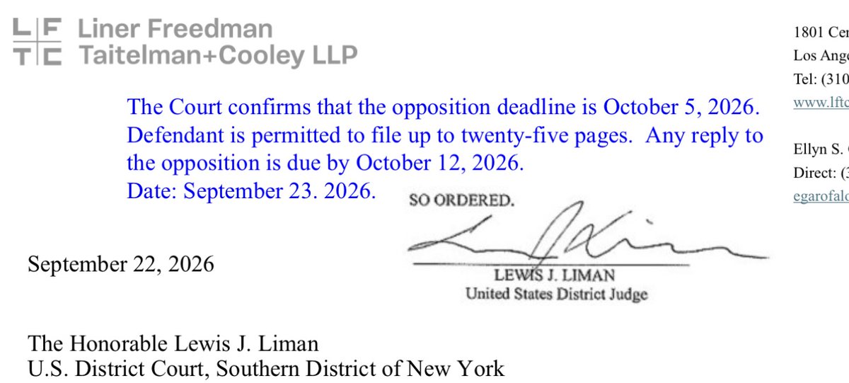 schatow's tweet photo. SO ORDERED...

SJ's sanctions motion will be fully briefed three days before the deadline for filing motions for summary judgment (MSJs).

#JonesvsAbel #StephanieJones #Jonesworks #BlakeLively #LivelyvsBaldoni