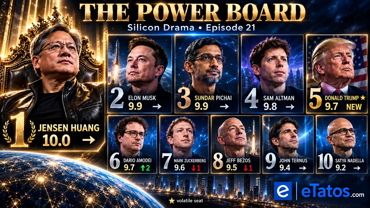 DirkBartz's tweet photo. Power Board: Jensen stays #1. Dario jumps from #8 to #6. Trump takes the volatile seat at #5.

This week, AI power became political power.

Full episode is pinned.

#SiliconDrama #AI #eTatos https://t.co/o34JkRAmXu