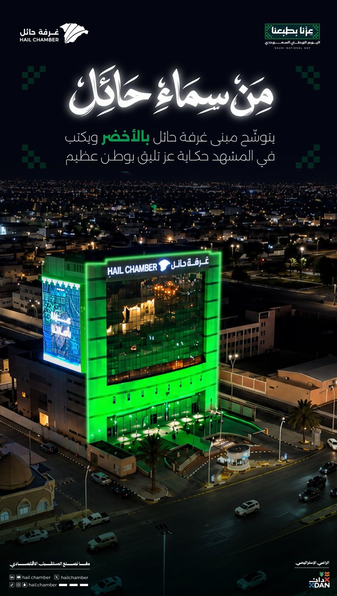 hailchamber's tweet photo. من سماء حائل يسطع الأخضر، ويروي المشهد عزّ وطن 🇸🇦

#اليوم_الوطني_السعودي
#عزنا_بطبعنا
#غرفة_حائل https://t.co/r99p1fnryV