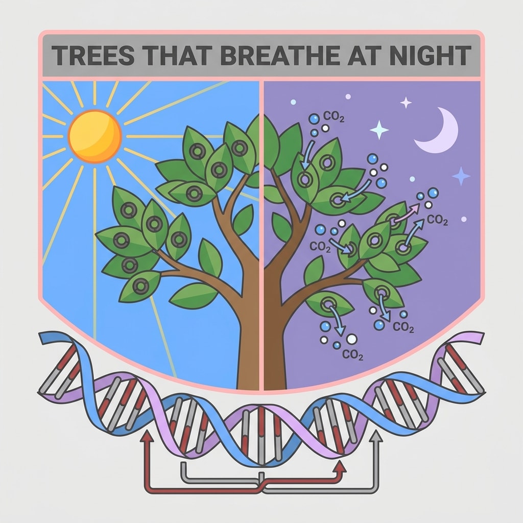 DrSciora's tweet photo. These tropical trees beat drought by breathing at night — soaking up CO2 after dark and closing their pores all day. Ancient genome duplication rewired their DNA to make it possible. #Botany #Drought #Science https://t.co/9W6GcUHtvg
