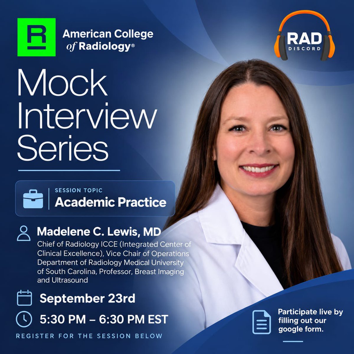 RadDiscord's tweet photo. Don’t miss today’s live mock interview for academic radiology!

Join us to watch a live interview with Dr. Lewis and get a behind the scenes look at the interview process.

Begins at 5:30 PM EST! 

Register now: https://t.co/oTPtwWnefG https://t.co/c3vTeXdgHv