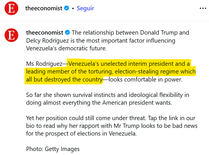Gbastidas's tweet photo. Bravo @TheEconomist llamando las cosas por su nombre y describiendo a Delcy Rodríguez como "presidenta interina no electa de Venezuela y miembro destacada del régimen torturador que robó elecciones y que destruyó al país". https://t.co/mBKh1tl5Xs
