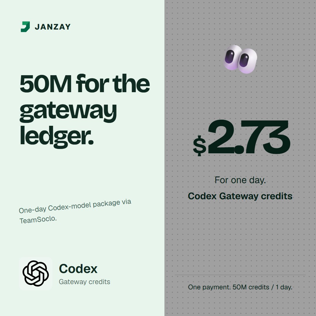 janzay_digital's tweet photo. 🧑‍💻 Set up a focused Codex-model coding test!

🔢 50M TeamSoclo gateway credits
🗓️ One day
💸 $2.73 total

Get the offer 👇

https://t.co/DzA7fFh88j

#CodexAI #AICoding https://t.co/wW3ewSdIBN