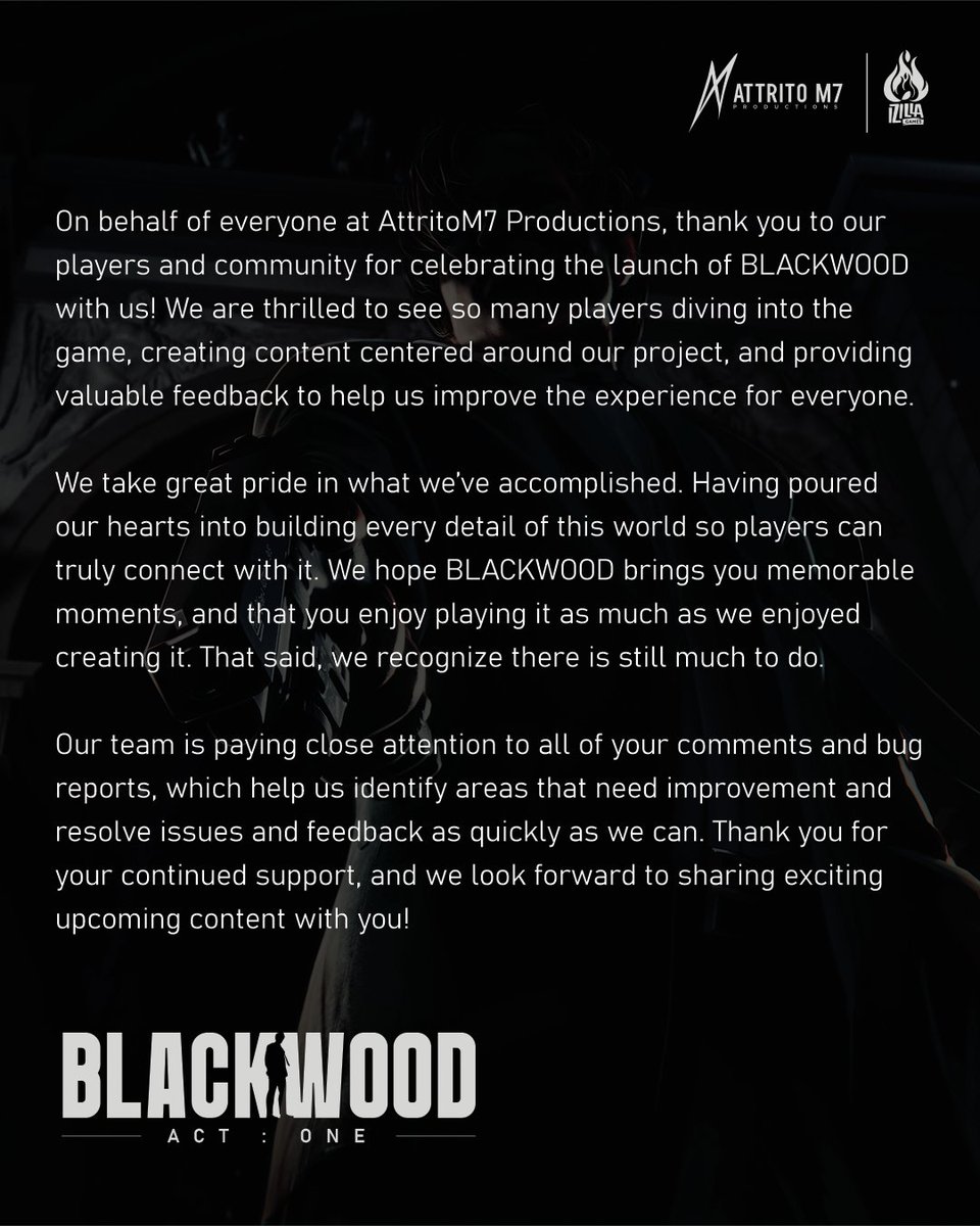Blackwood_game's tweet photo. We want to thank you for the overwhelming support you’ve shown for BLACKWOOD! We can’t wait to show you what’s coming next.

Here’s a picture of the team behind BLACKWOOD. Thanks to this amazing crew and our wonderful community, we were able to bring this project to life. https://t.co/MZYXp18zz4